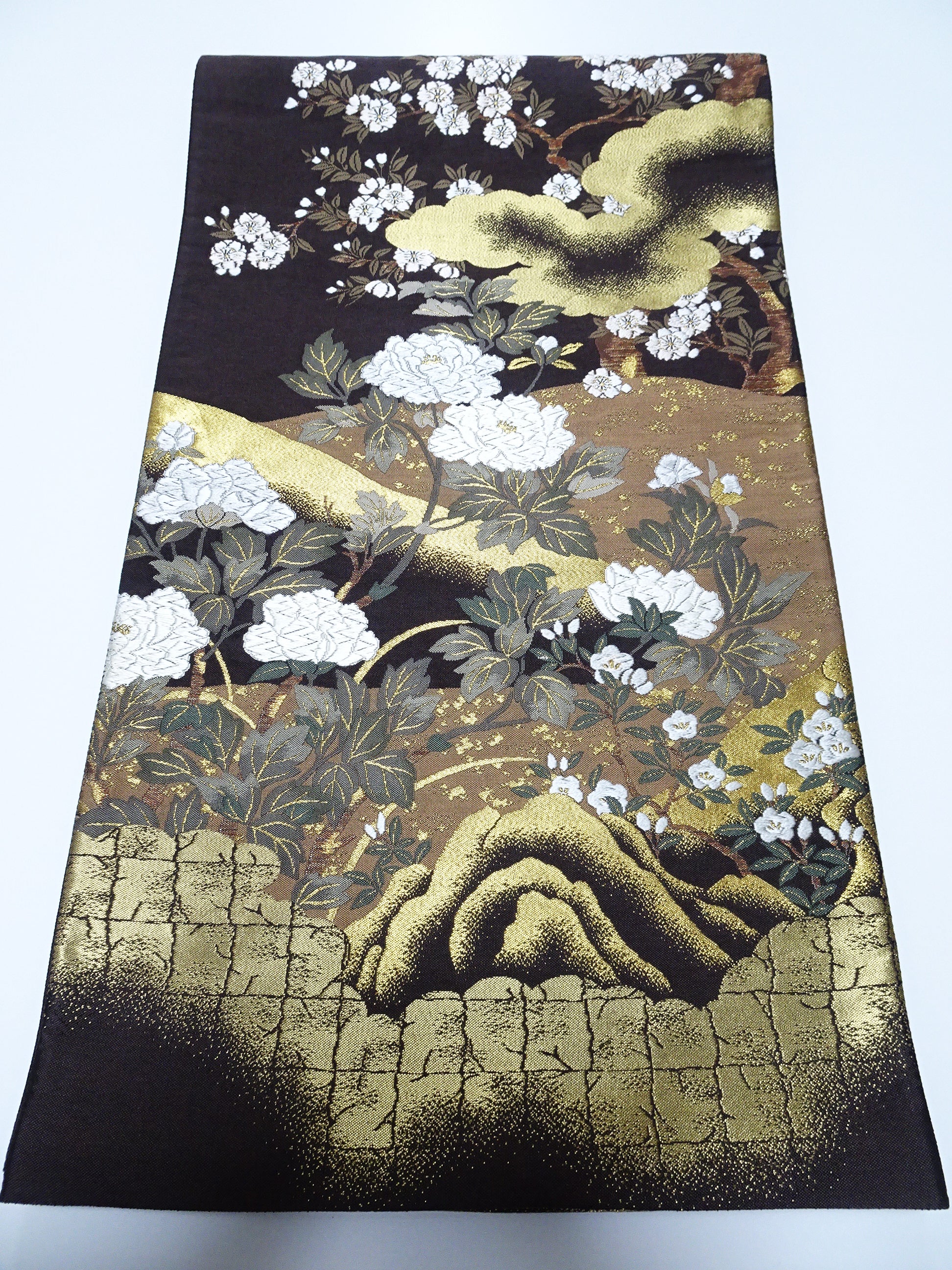 Japanese Kimono Silk Fukuro Obi Kara Ori pattern Cherry blossoms and clouds 12164