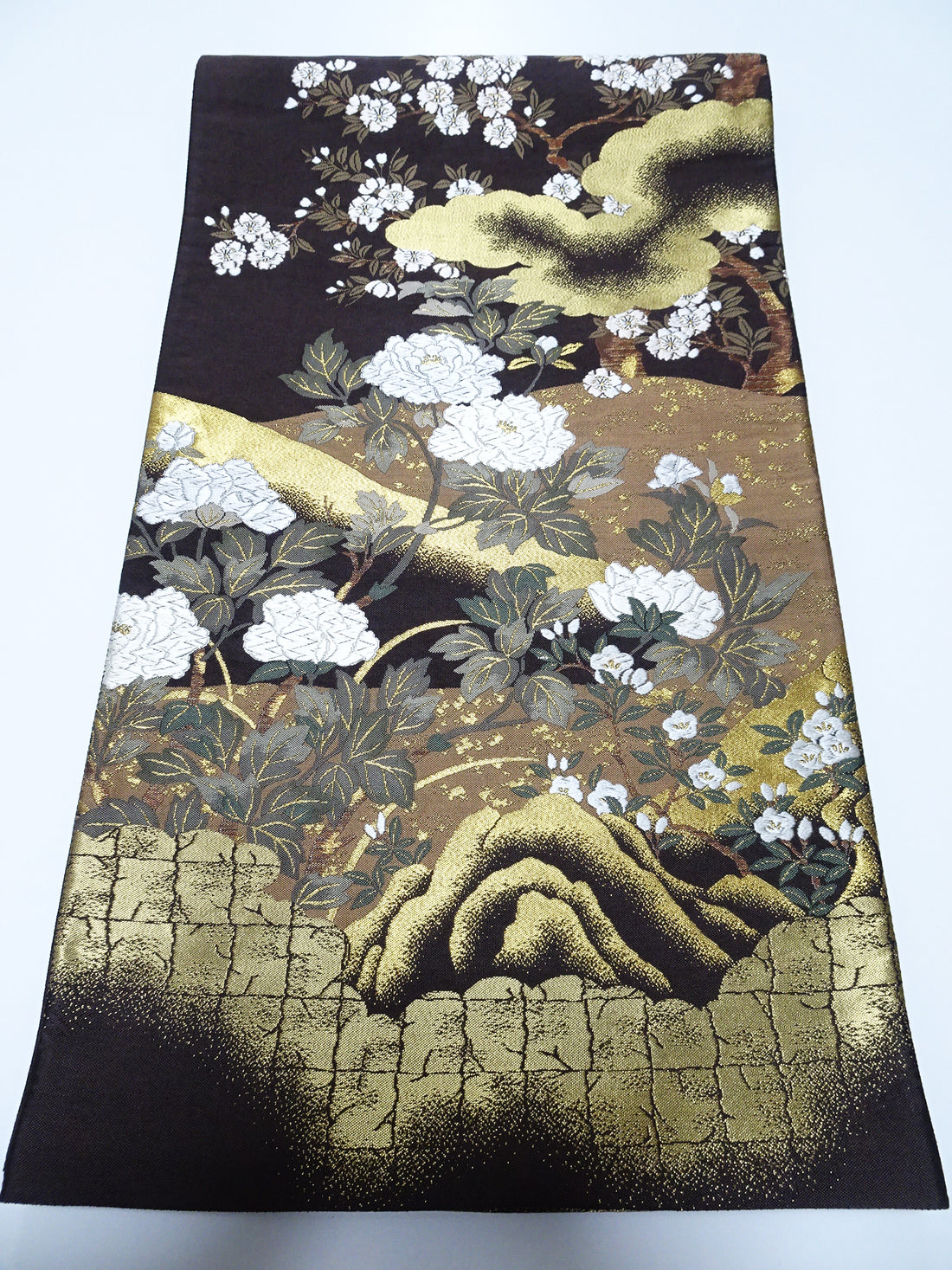 Japanese Kimono Silk Fukuro Obi Kara Ori pattern Cherry blossoms and clouds 12164