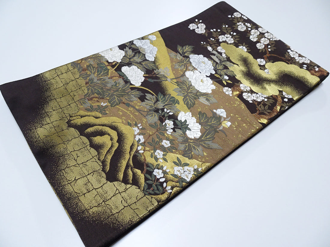 Japanese Kimono Silk Fukuro Obi Kara Ori pattern Cherry blossoms and clouds 12164