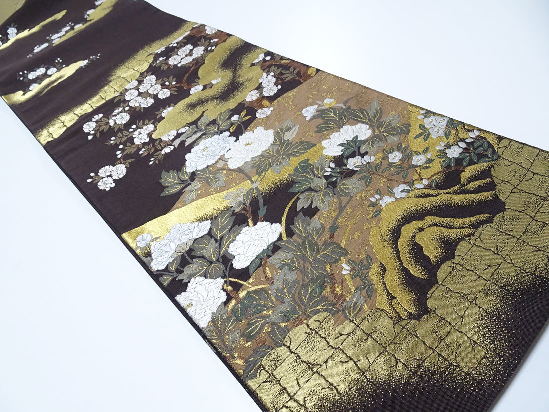 Japanese Kimono Silk Fukuro Obi Kara Ori pattern Cherry blossoms and clouds 12164