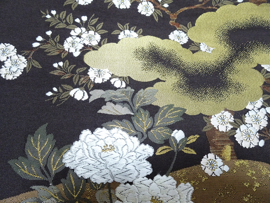 Japanese Kimono Silk Fukuro Obi Kara Ori pattern Cherry blossoms and clouds 12164