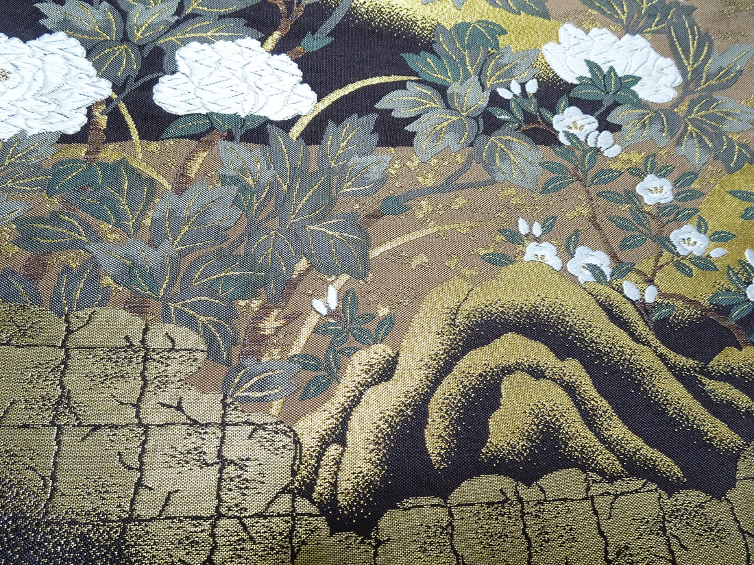 Japanese Kimono Silk Fukuro Obi Kara Ori pattern Cherry blossoms and clouds 12164