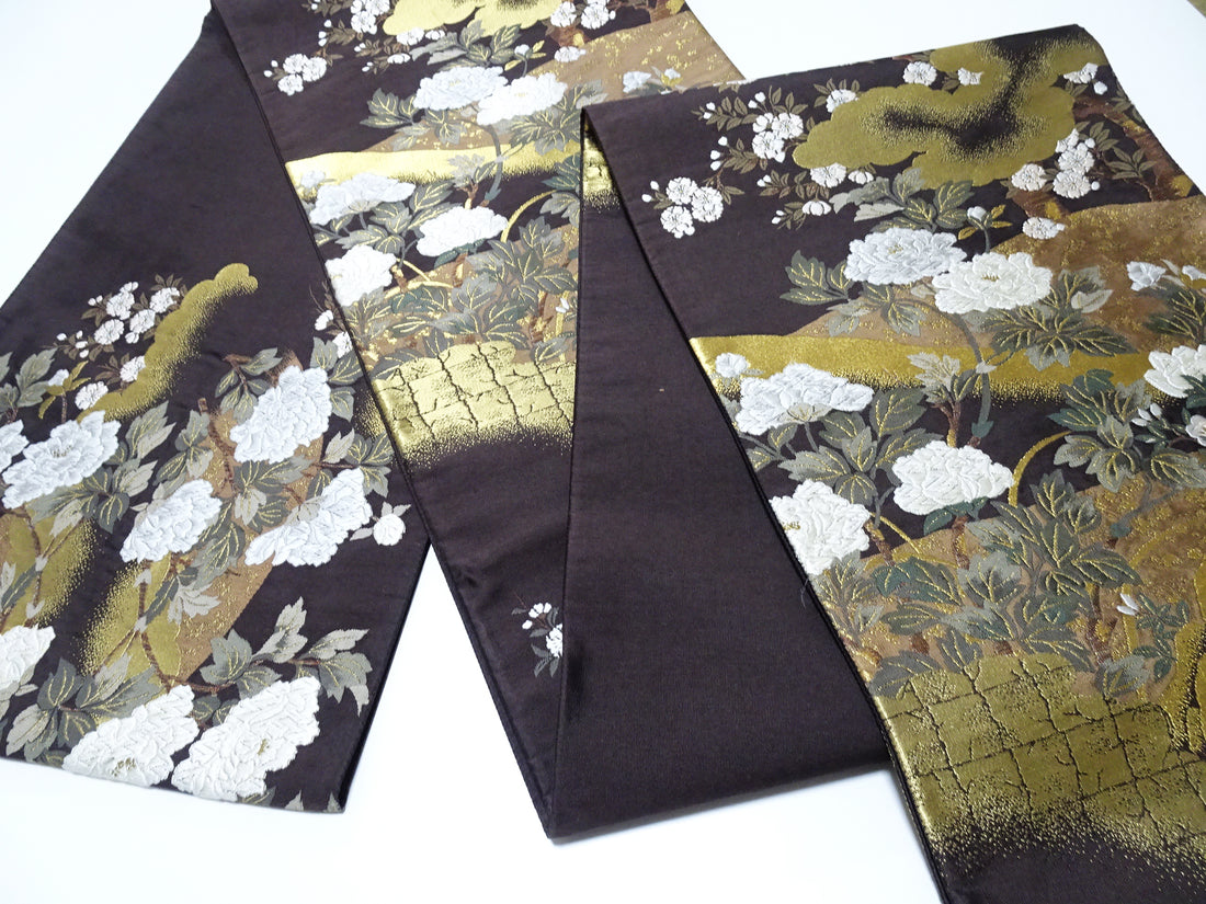 Japanese Kimono Silk Fukuro Obi Kara Ori pattern Cherry blossoms and clouds 12164