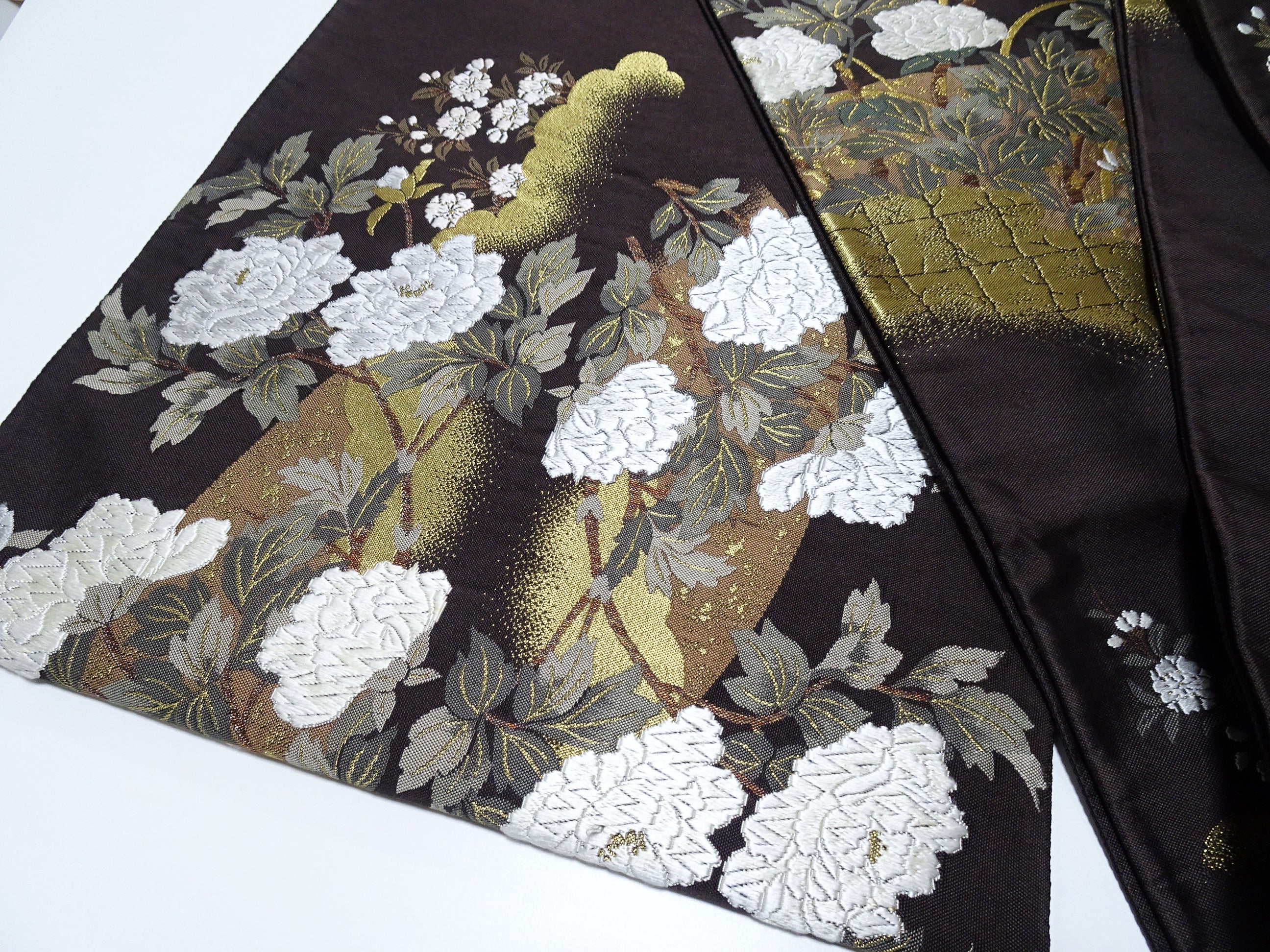 Japanese Kimono Silk Fukuro Obi Kara Ori pattern Cherry blossoms and clouds 12164