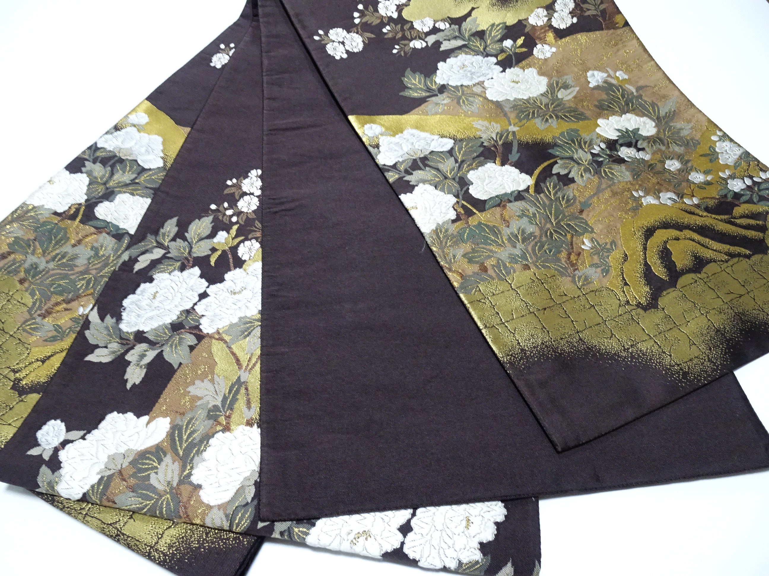 Japanese Kimono Silk Fukuro Obi Kara Ori pattern Cherry blossoms and clouds 12164