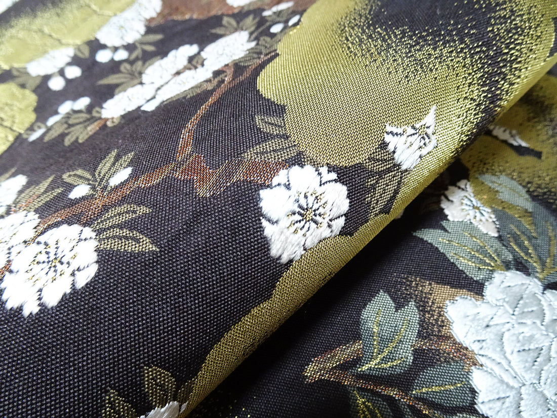 Japanese Kimono Silk Fukuro Obi Kara Ori pattern Cherry blossoms and clouds 12164