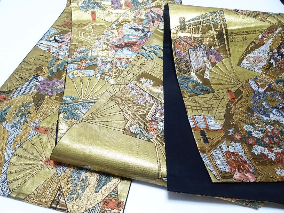 Japanese Kimono Silk Fukuro Obi 24K Gold Hikibaku The Tale of Genji  Pattern 11767