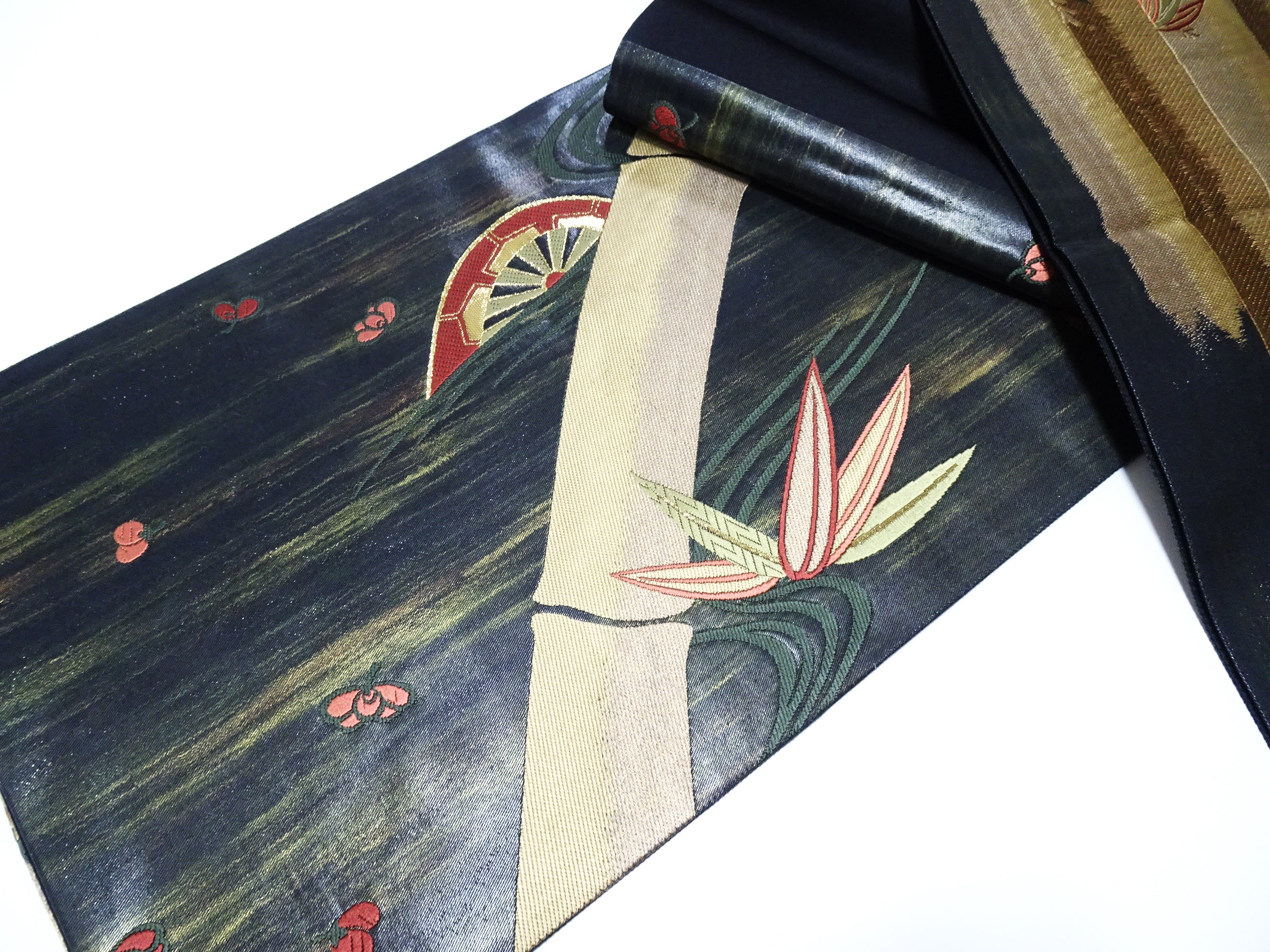 Japanese Kimono Silk Fukuro Hikibaku Woven Bamboo Pattern 12165