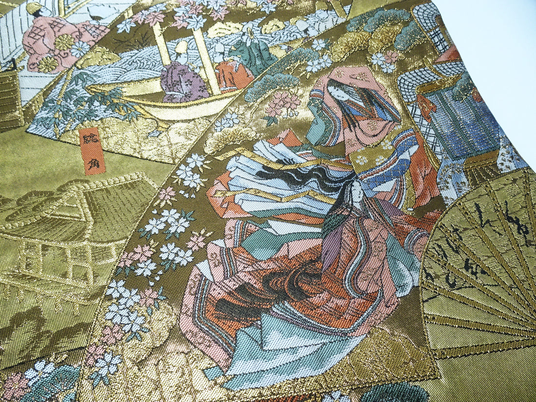 Japanese Kimono Silk Fukuro Obi 24K Gold Hikibaku The Tale of Genji  Pattern 11767