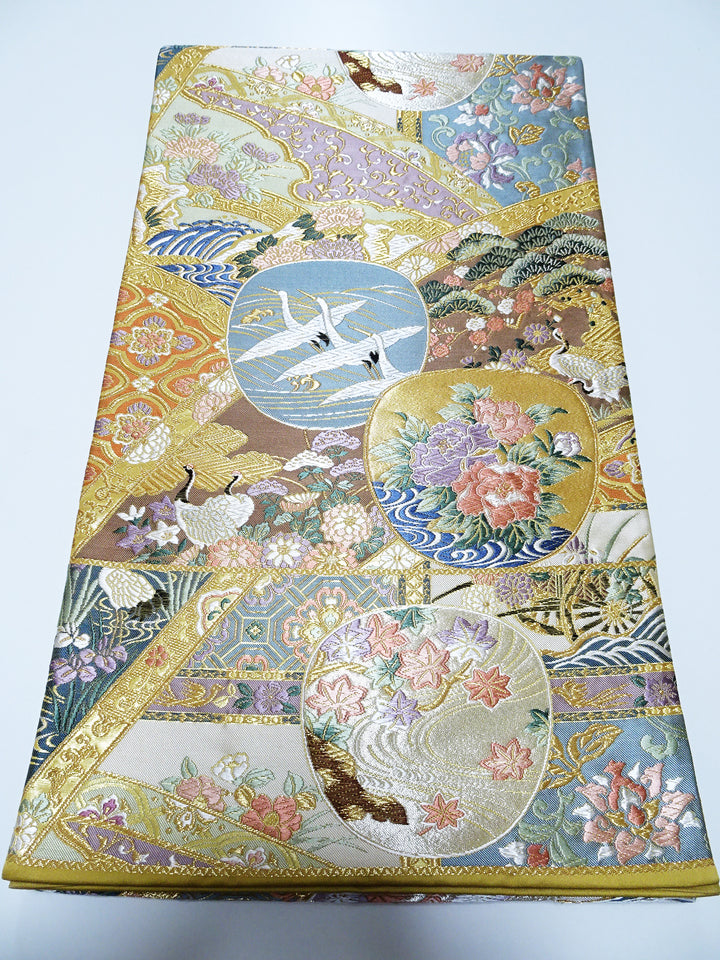 Japanese Kimono Silk Fukuro Woven Cranes & Flower Pattern 12168