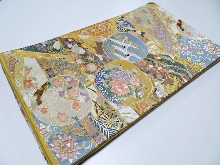Japanese Kimono Silk Fukuro Woven Cranes & Flower Pattern 12168