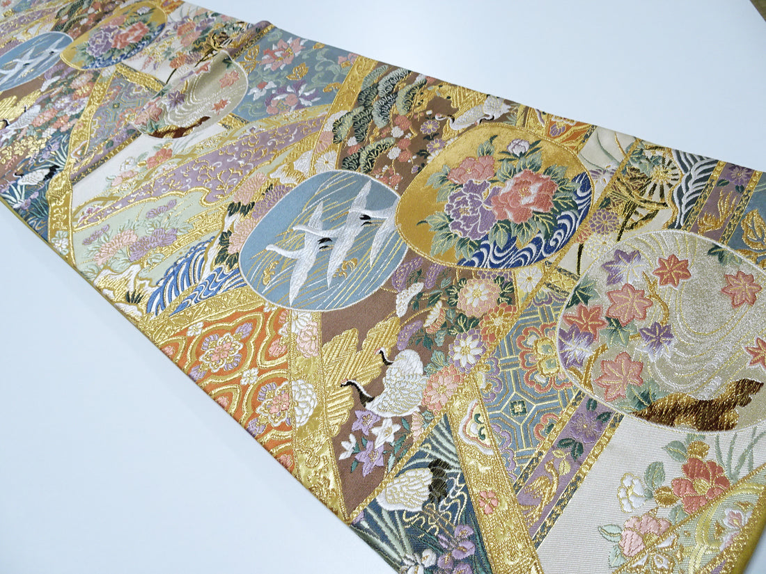Japanese Kimono Silk Fukuro Woven Cranes & Flower Pattern 12168