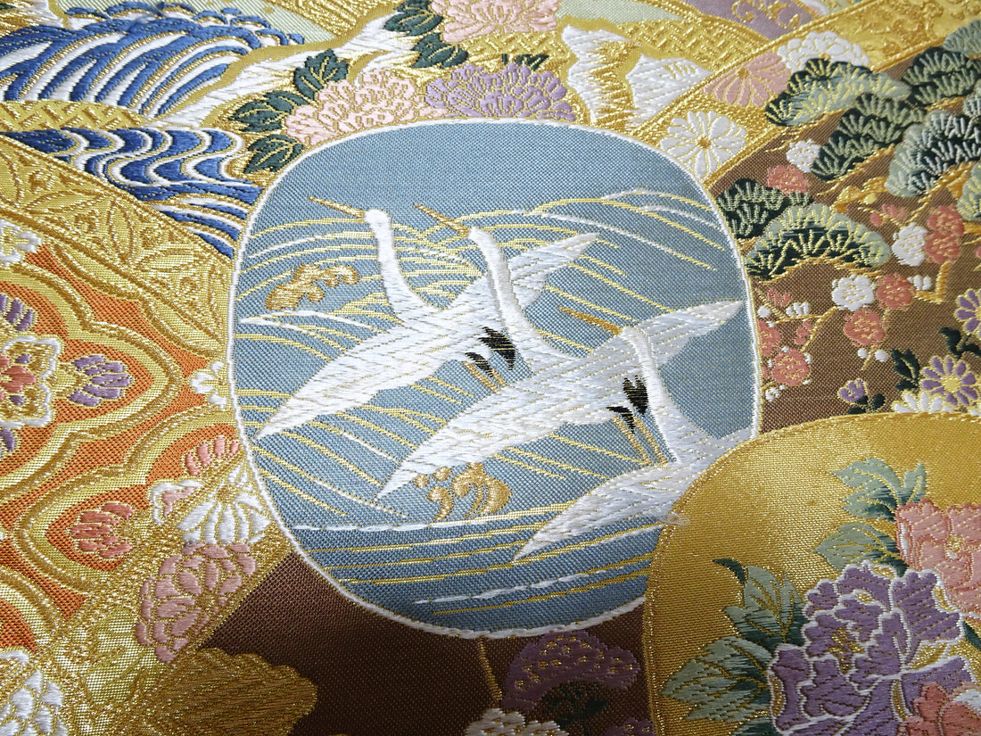 Japanese Kimono Silk Fukuro Woven Cranes & Flower Pattern 12168