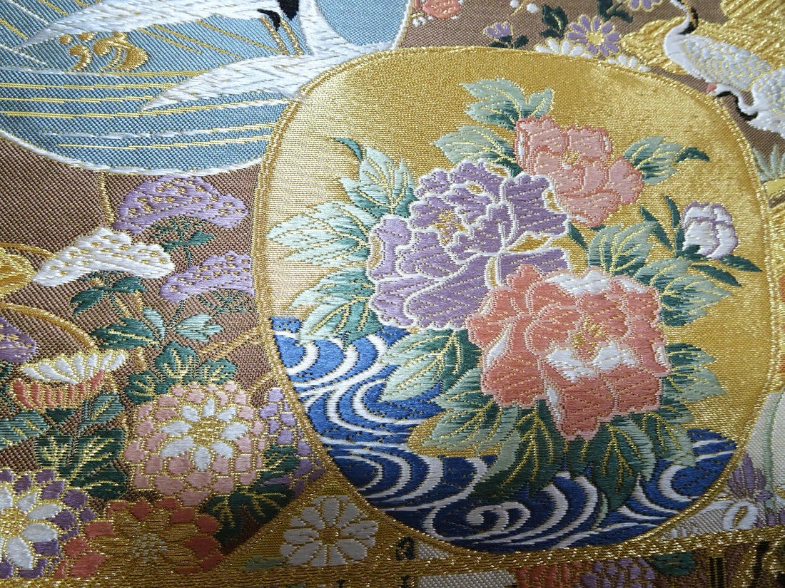 Japanese Kimono Silk Fukuro Woven Cranes & Flower Pattern 12168