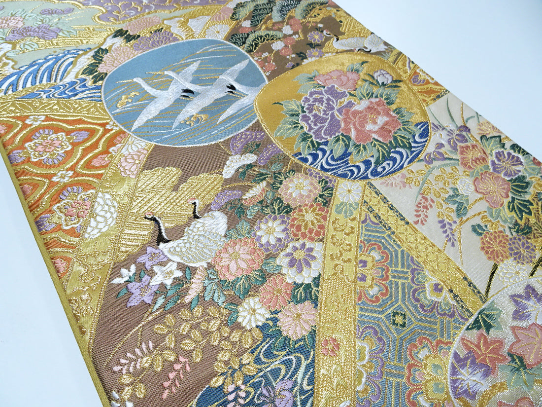 Japanese Kimono Silk Fukuro Woven Cranes & Flower Pattern 12168