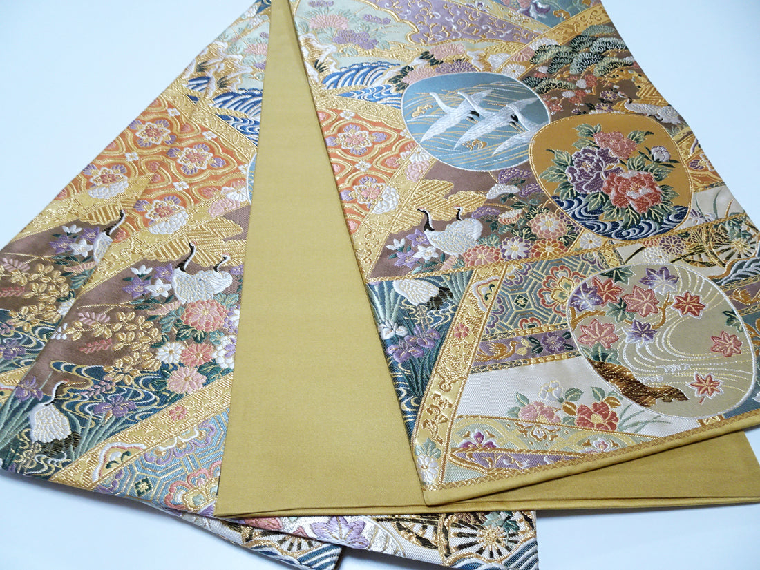 Japanese Kimono Silk Fukuro Woven Cranes & Flower Pattern 12168