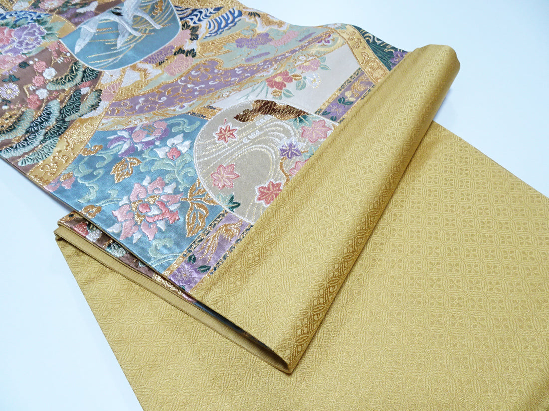 Japanese Kimono Silk Fukuro Woven Cranes & Flower Pattern 12168