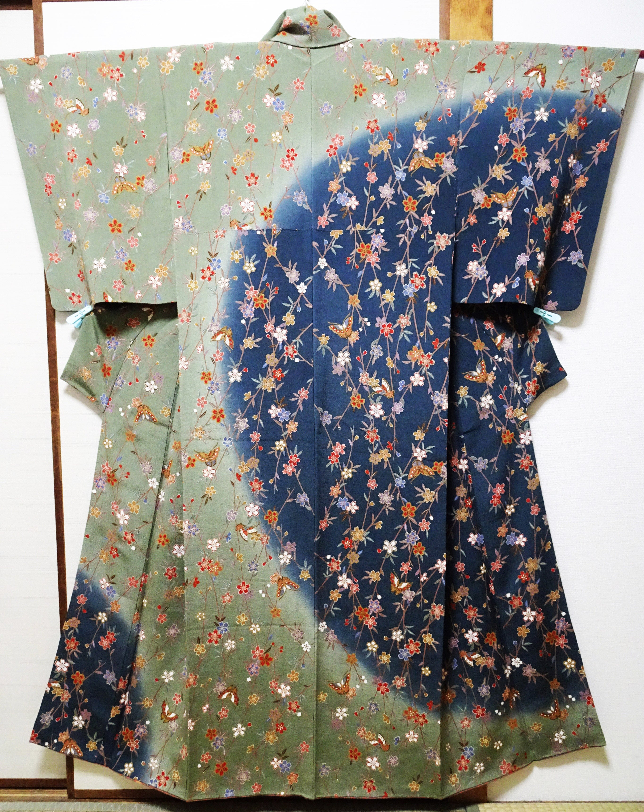 Japanese Kimono Silk Homongi Gradient Dyeing Weeping Cherry Blossoms and Butterflies Design16484