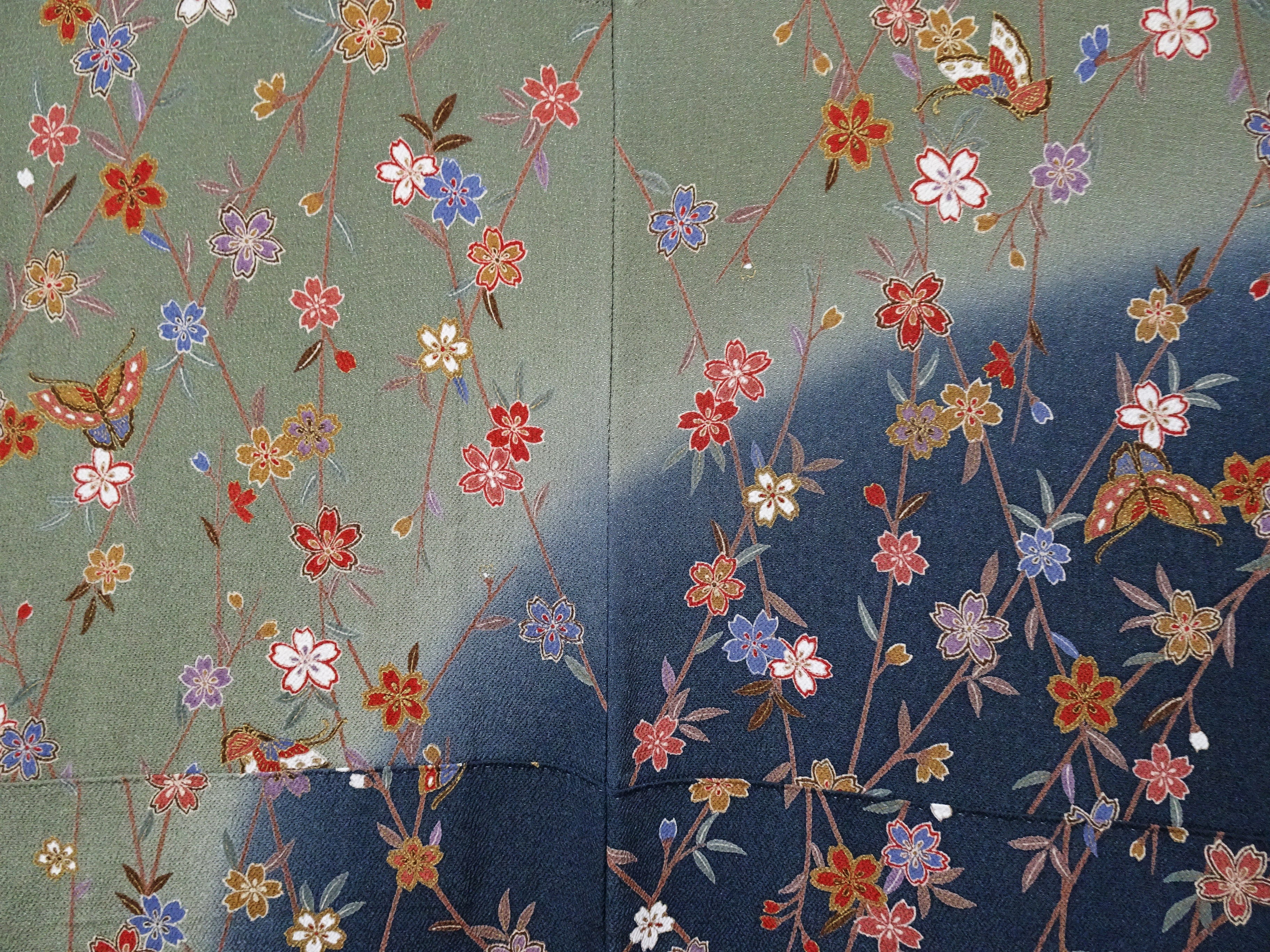 Japanese Kimono Silk Homongi Gradient Dyeing Weeping Cherry Blossoms and Butterflies Design16484