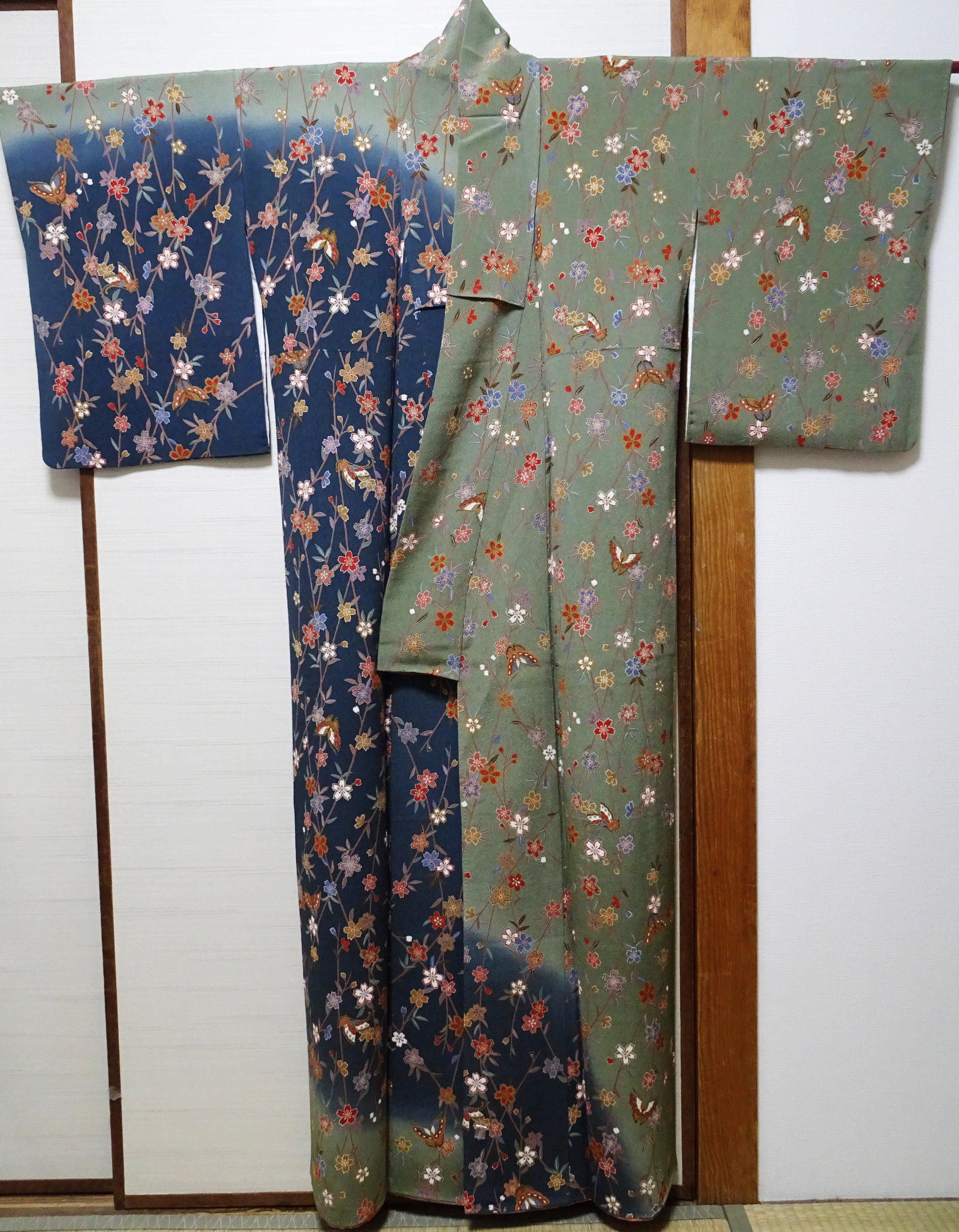 Japanese Kimono Silk Homongi Gradient Dyeing Weeping Cherry Blossoms and Butterflies Design16484