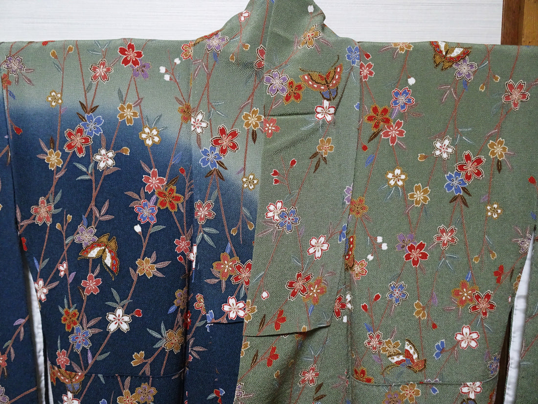 Japanese Kimono Silk Homongi Gradient Dyeing Weeping Cherry Blossoms and Butterflies Design16484