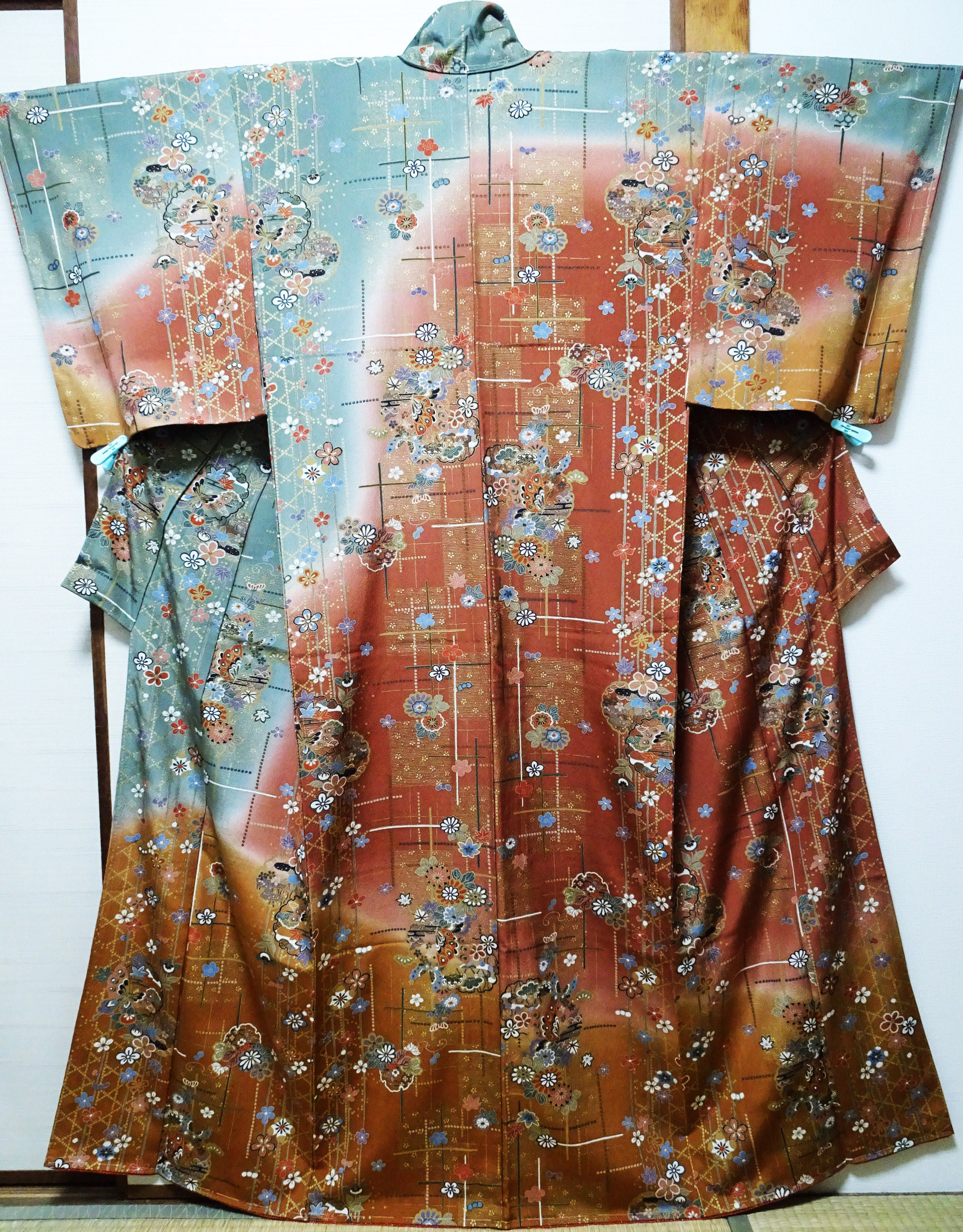 Japanese Kimono Silk Homongi Gradient Dyeing Snowflake Circles, Flowers, and Butterflies Design16485