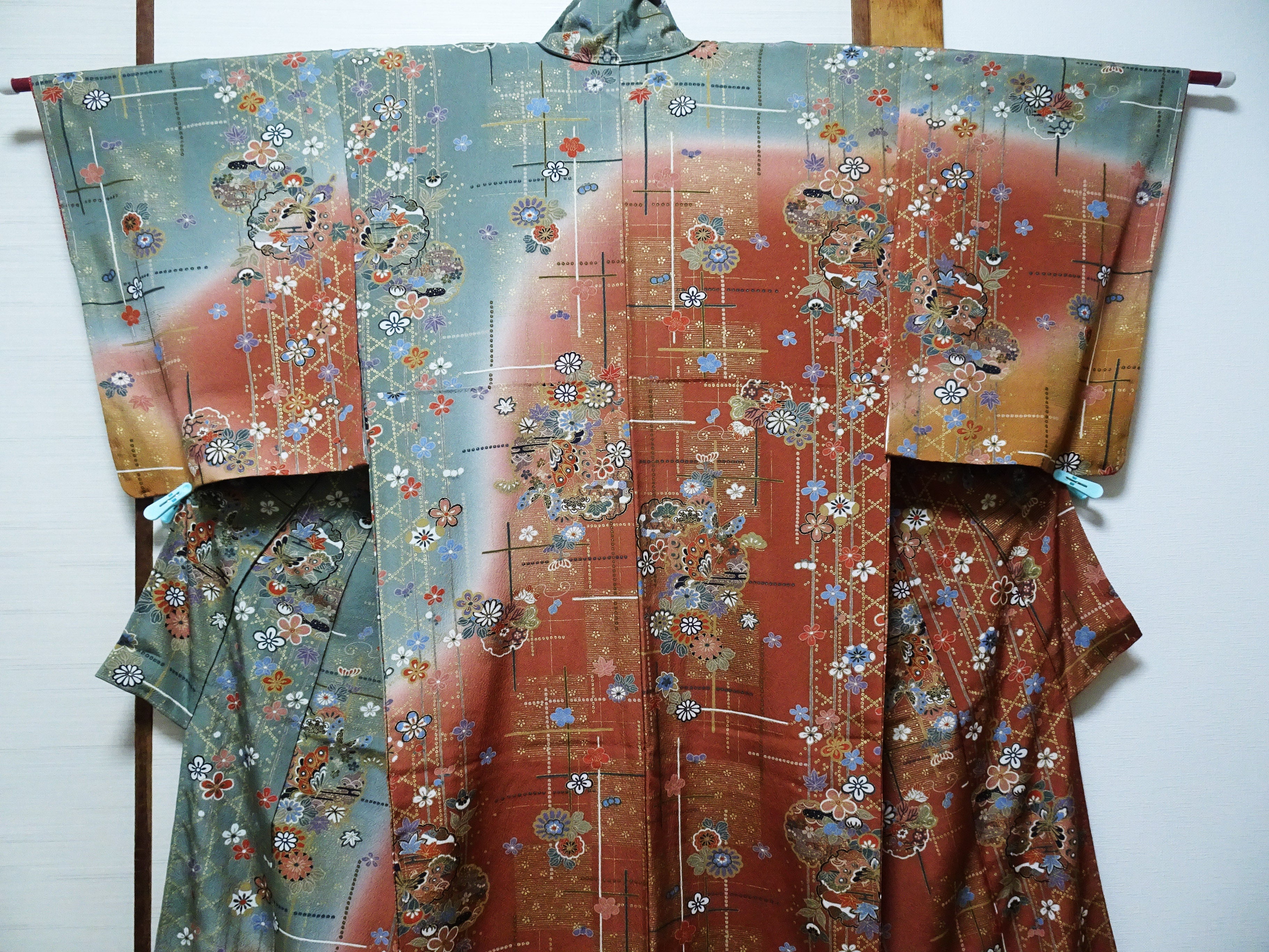 Japanese Kimono Silk Homongi Gradient Dyeing Snowflake Circles, Flowers, and Butterflies Design16485