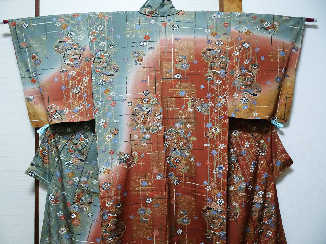 Japanese Kimono Silk Homongi Gradient Dyeing Snowflake Circles, Flowers, and Butterflies Design16485