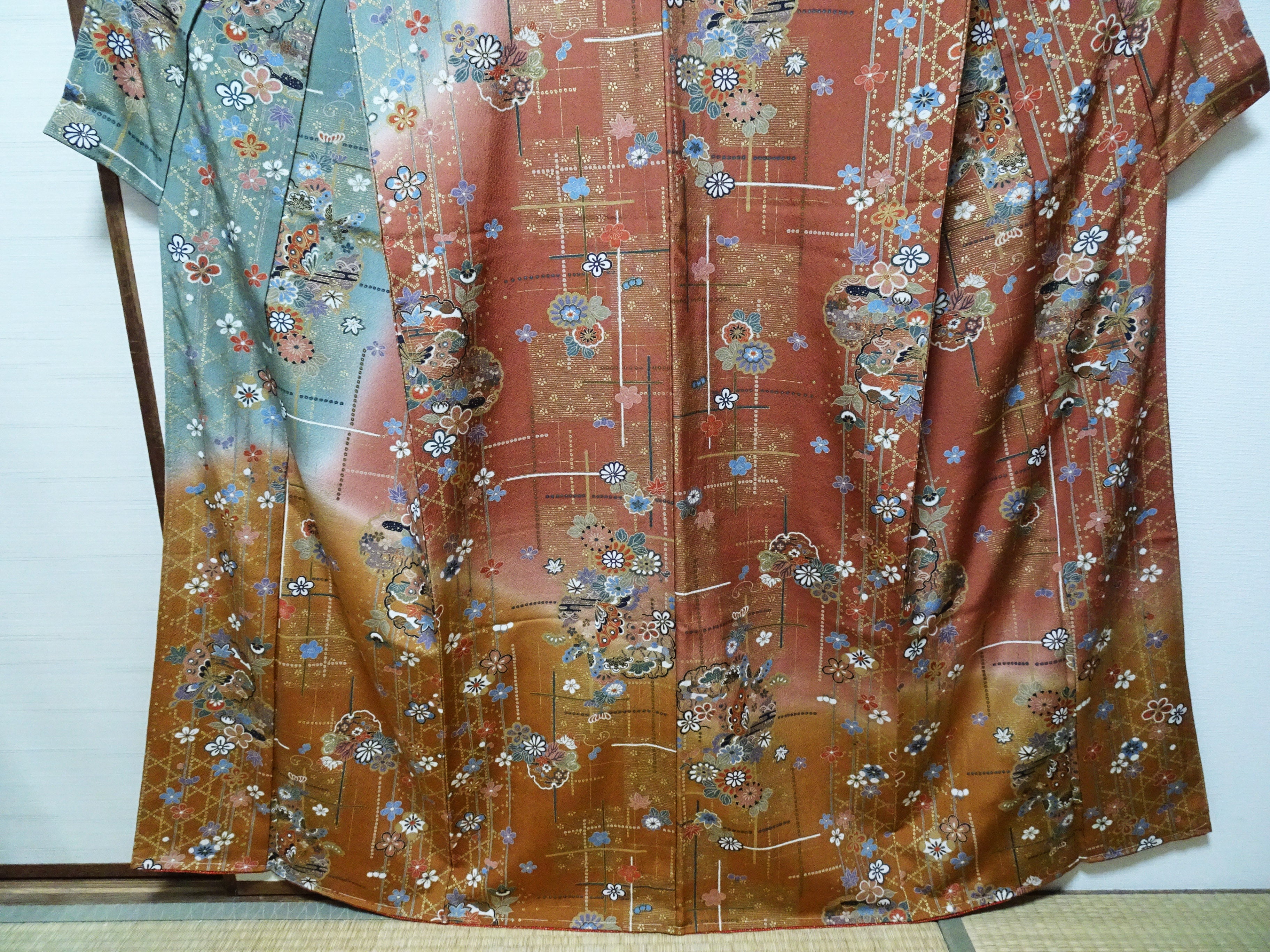 Japanese Kimono Silk Homongi Gradient Dyeing Snowflake Circles, Flowers, and Butterflies Design16485