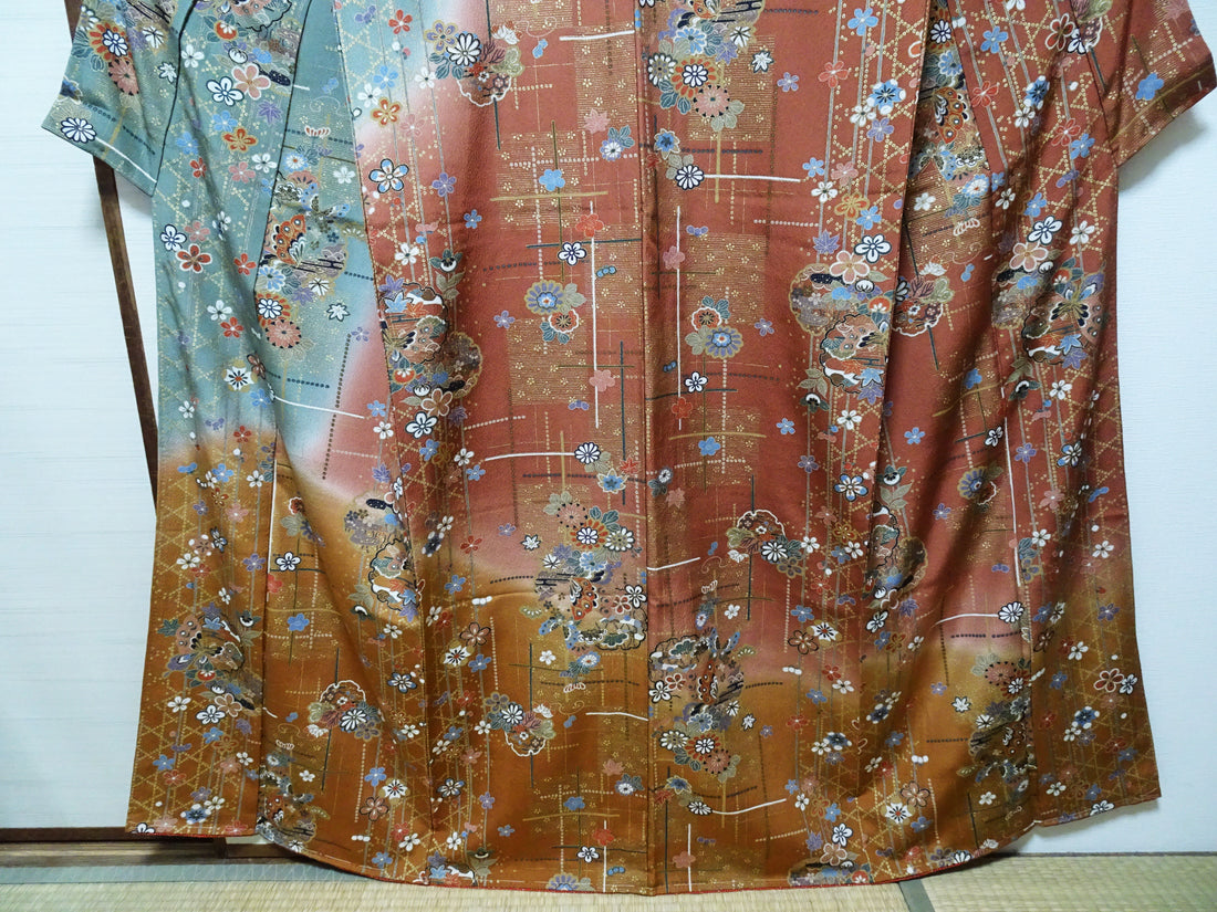 Japanese Kimono Silk Homongi Gradient Dyeing Snowflake Circles, Flowers, and Butterflies Design16485