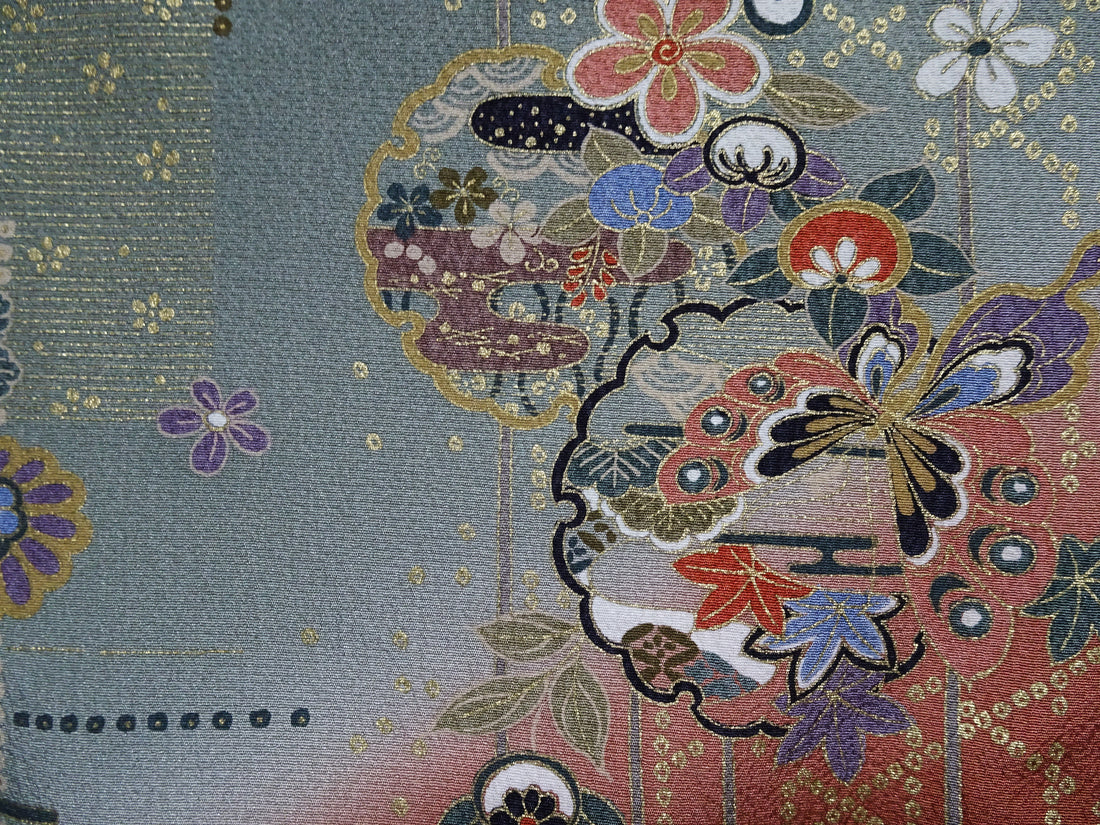 Japanese Kimono Silk Homongi Gradient Dyeing Snowflake Circles, Flowers, and Butterflies Design16485