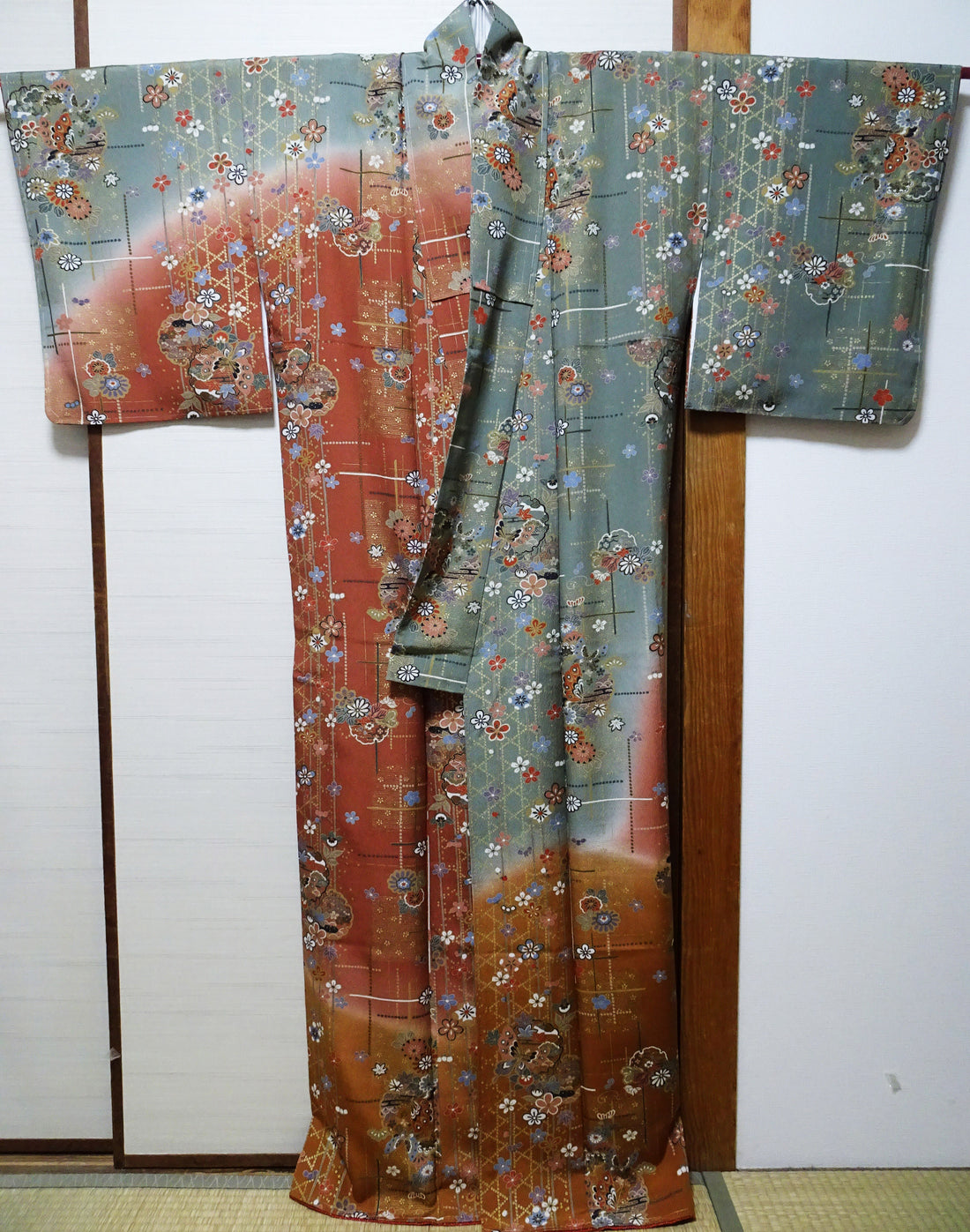 Japanese Kimono Silk Homongi Gradient Dyeing Snowflake Circles, Flowers, and Butterflies Design16485