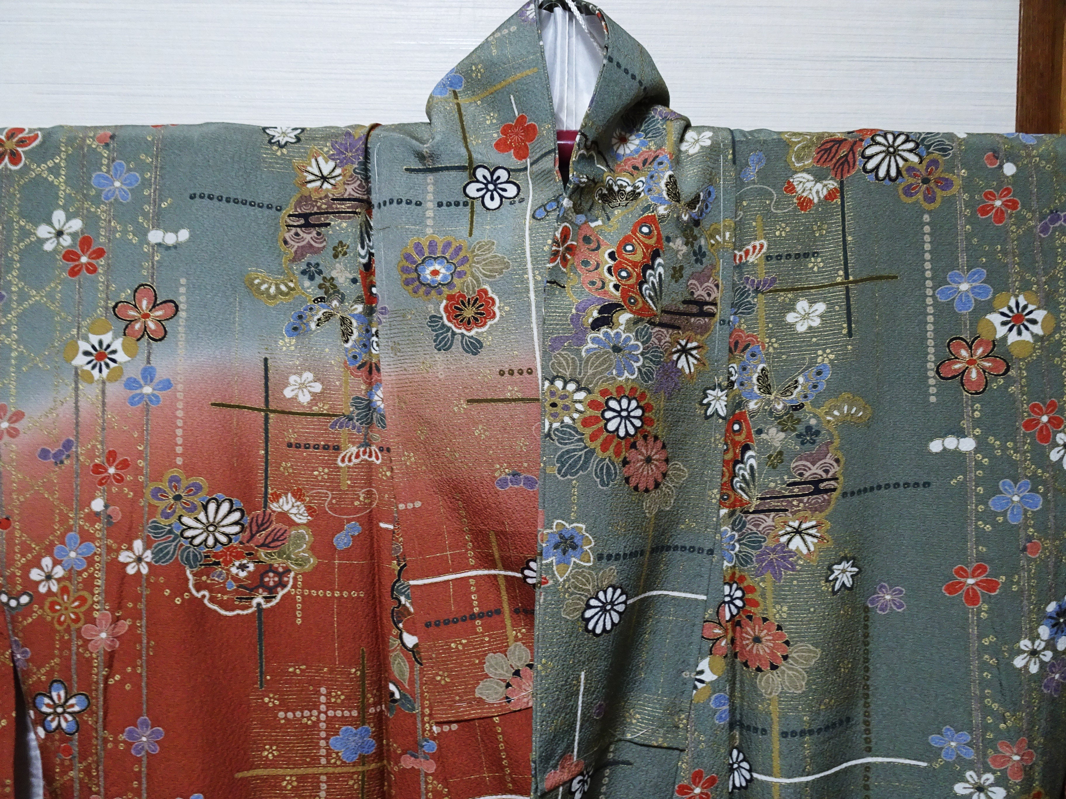 Japanese Kimono Silk Homongi Gradient Dyeing Snowflake Circles, Flowers, and Butterflies Design16485