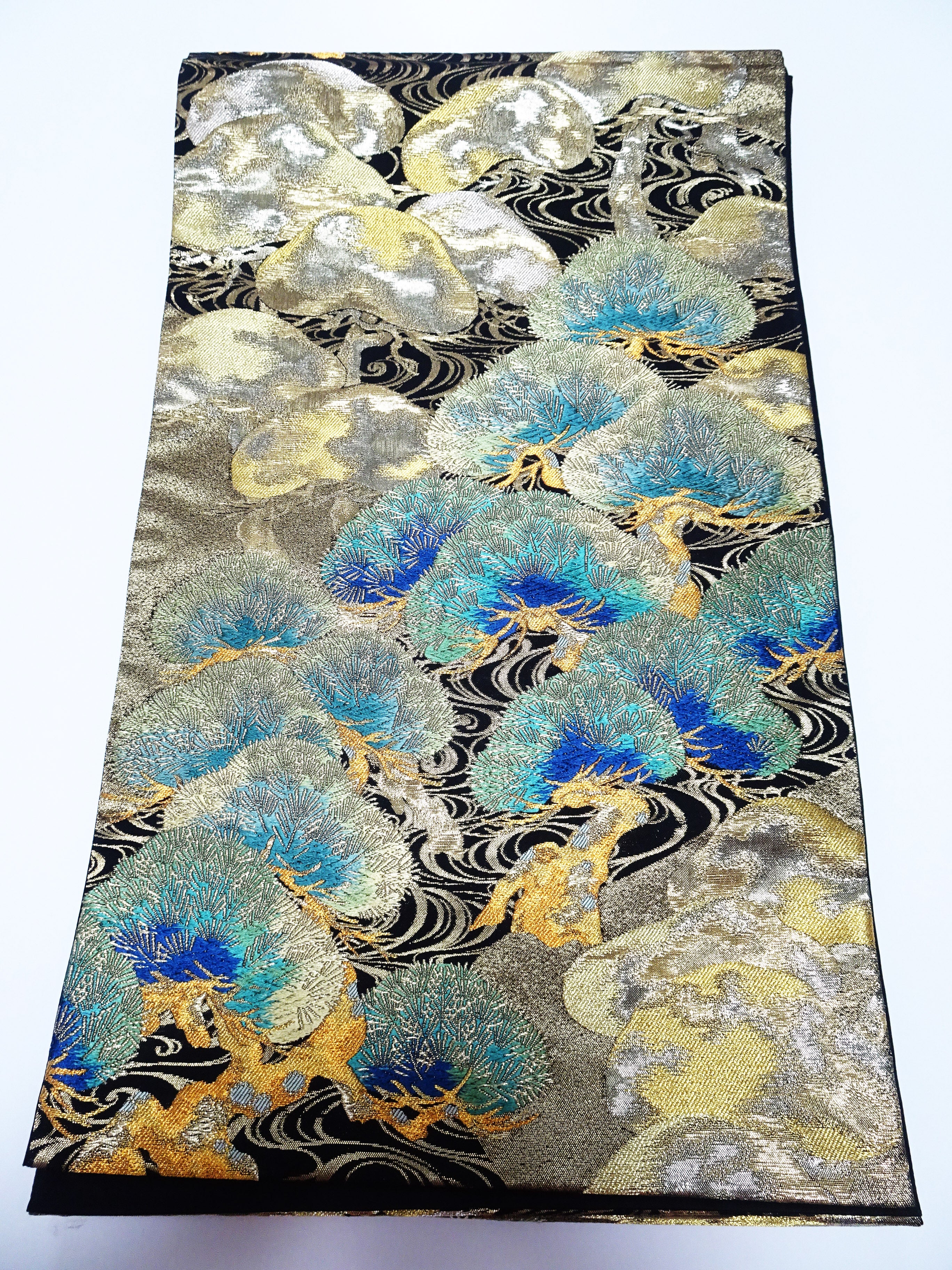 Japanese Kimono Silk Fukuro Obi Luxurious Woven Pine Tree Design 17718