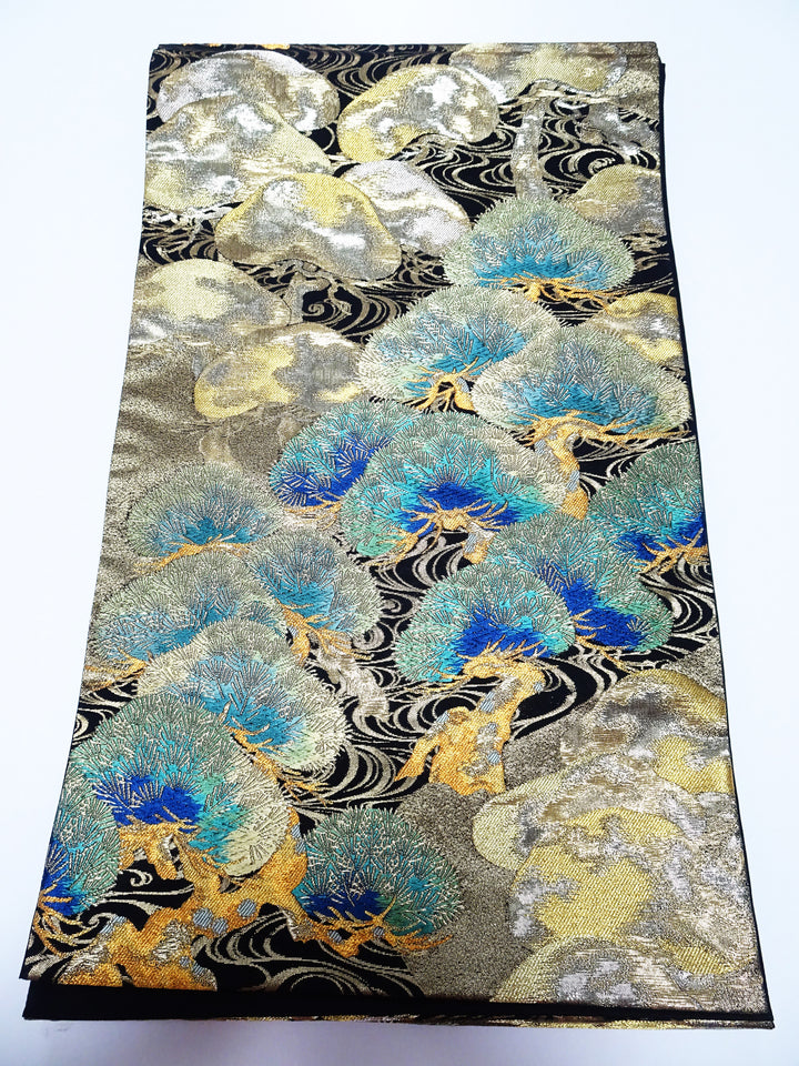Japanese Kimono Silk Fukuro Obi Luxurious Woven Pine Tree Design 17718