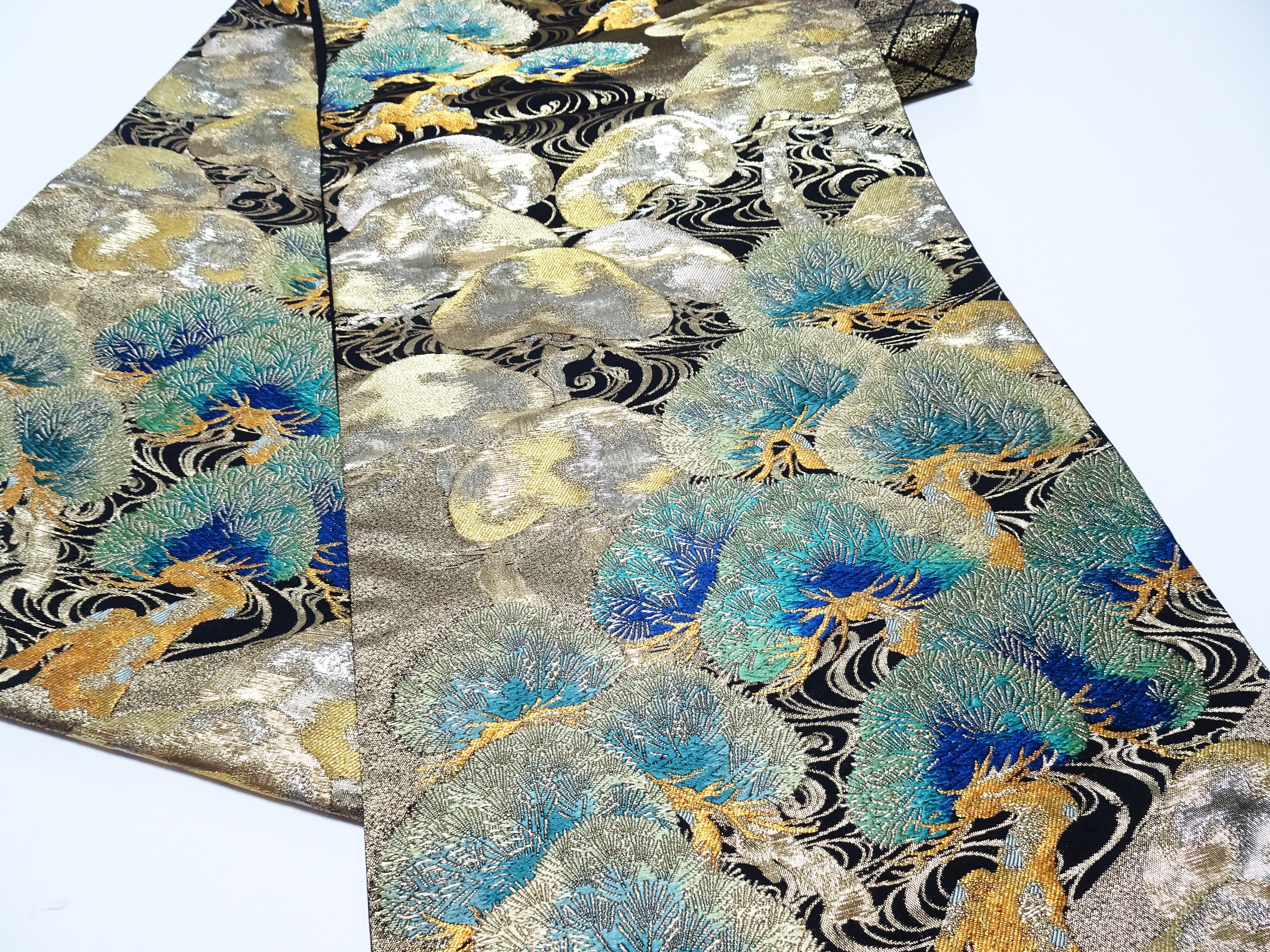 Japanese Kimono Silk Fukuro Obi Luxurious Woven Pine Tree Design 17718