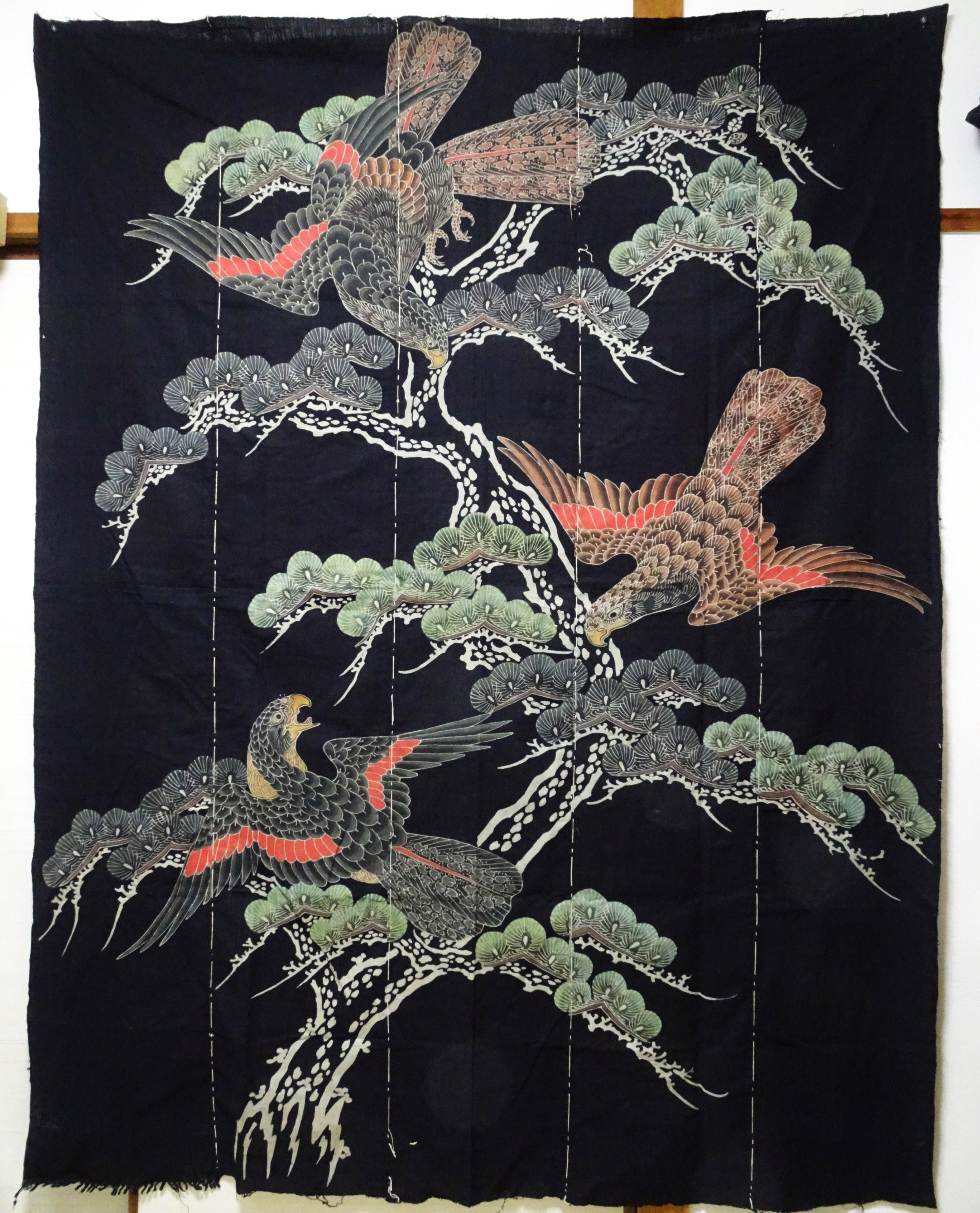 Japanese Antique Meiji Period Tsutsugaki Indigo Textile – Hawks & Pine, Rare Japanese Folk Art, Hand-Dyed Cotton, Wall Hanging 16490