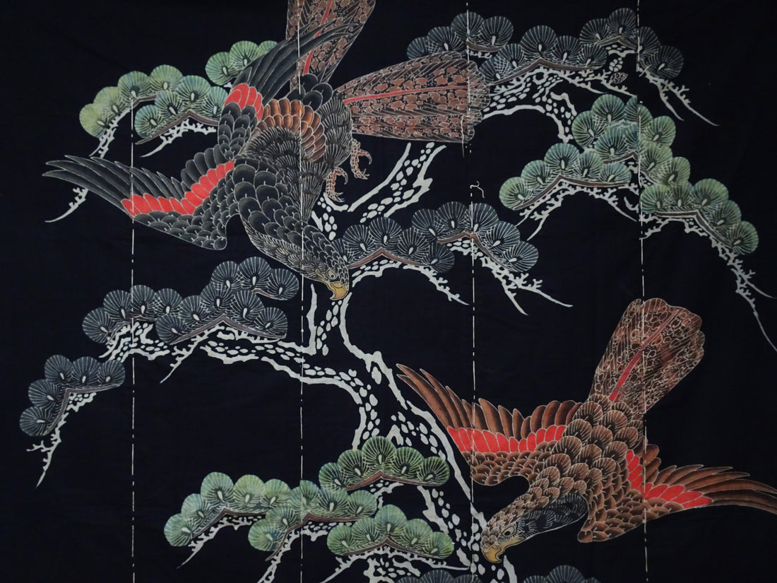 Japanese Antique Meiji Period Tsutsugaki Indigo Textile – Hawks & Pine, Rare Japanese Folk Art, Hand-Dyed Cotton, Wall Hanging 16490
