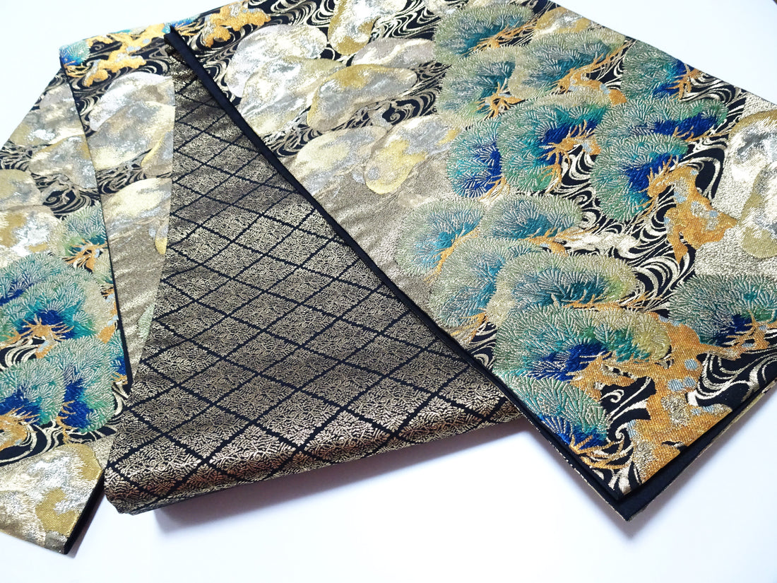 Japanese Kimono Silk Fukuro Obi Luxurious Woven Pine Tree Design 17718