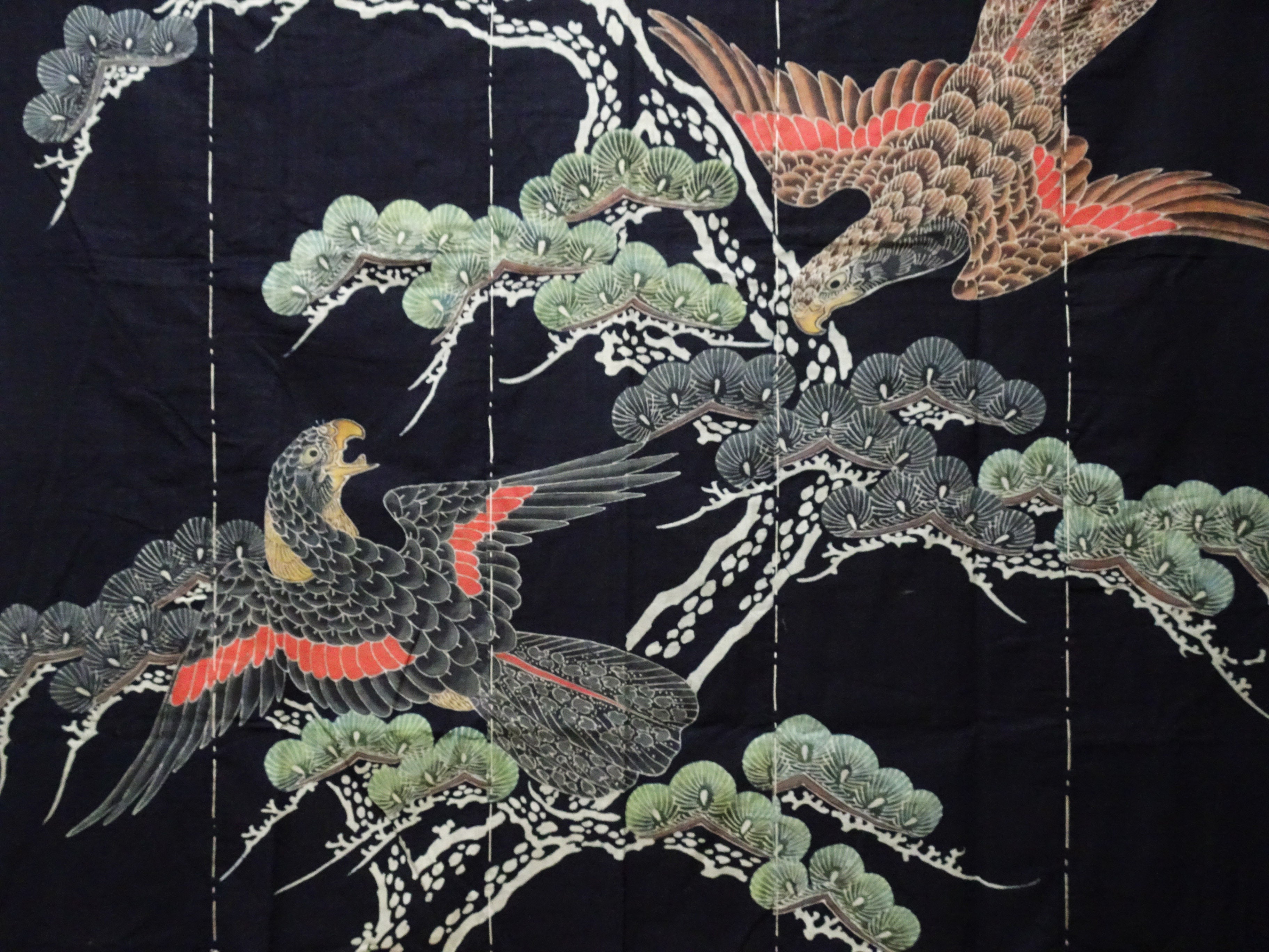 Japanese Antique Meiji Period Tsutsugaki Indigo Textile – Hawks & Pine, Rare Japanese Folk Art, Hand-Dyed Cotton, Wall Hanging 16490