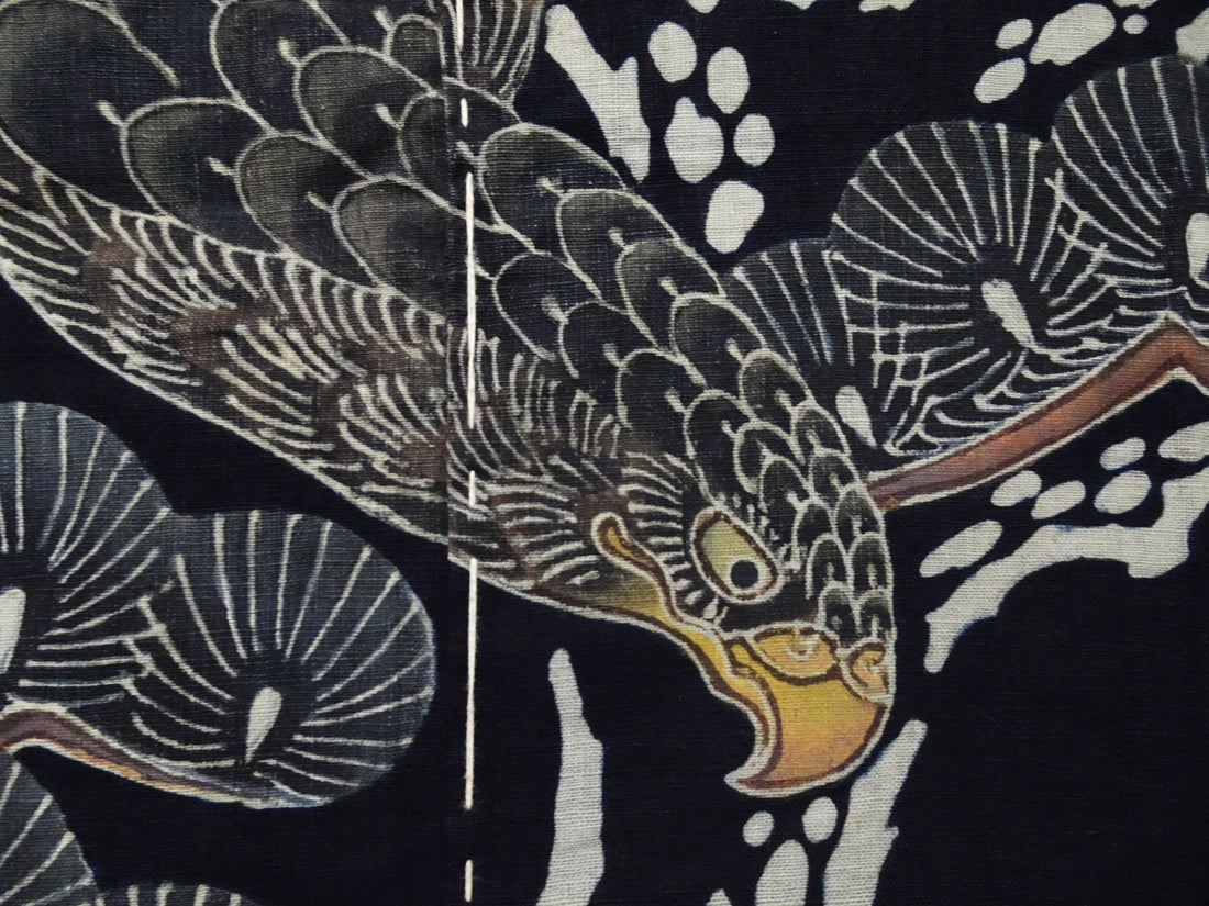 Japanese Antique Meiji Period Tsutsugaki Indigo Textile – Hawks & Pine, Rare Japanese Folk Art, Hand-Dyed Cotton, Wall Hanging 16490