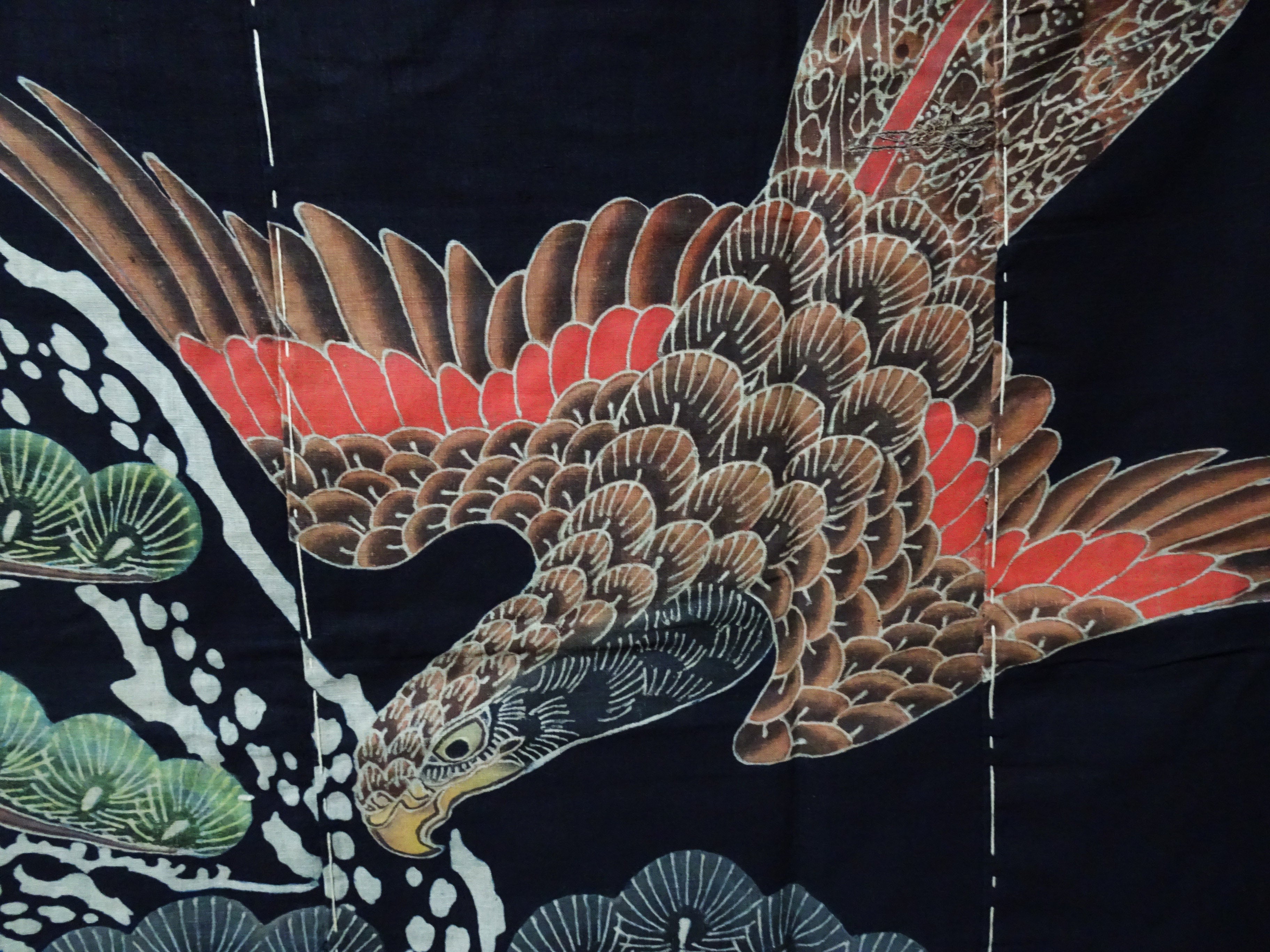Japanese Antique Meiji Period Tsutsugaki Indigo Textile – Hawks & Pine, Rare Japanese Folk Art, Hand-Dyed Cotton, Wall Hanging 16490