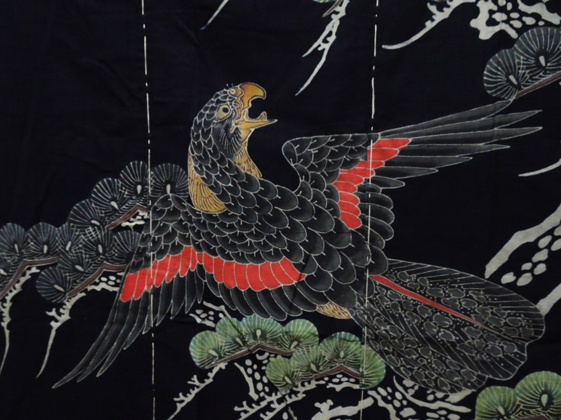 Japanese Antique Meiji Period Tsutsugaki Indigo Textile – Hawks & Pine, Rare Japanese Folk Art, Hand-Dyed Cotton, Wall Hanging 16490