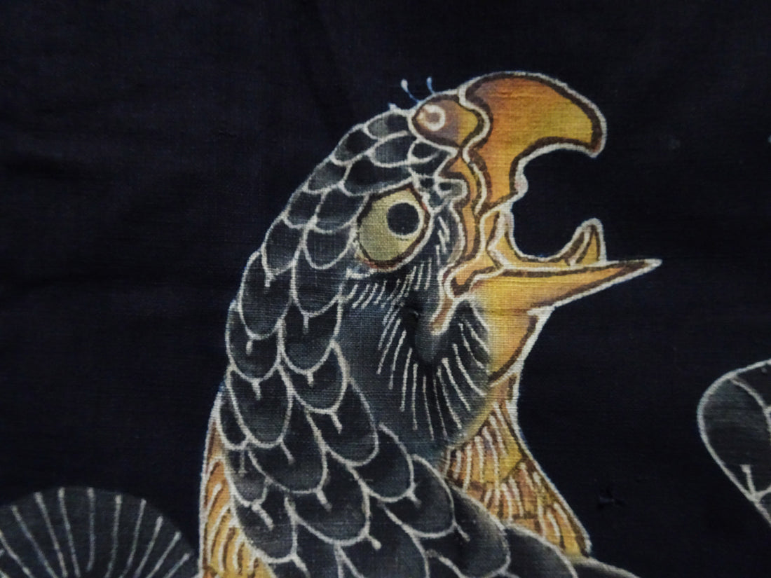 Japanese Antique Meiji Period Tsutsugaki Indigo Textile – Hawks & Pine, Rare Japanese Folk Art, Hand-Dyed Cotton, Wall Hanging 16490