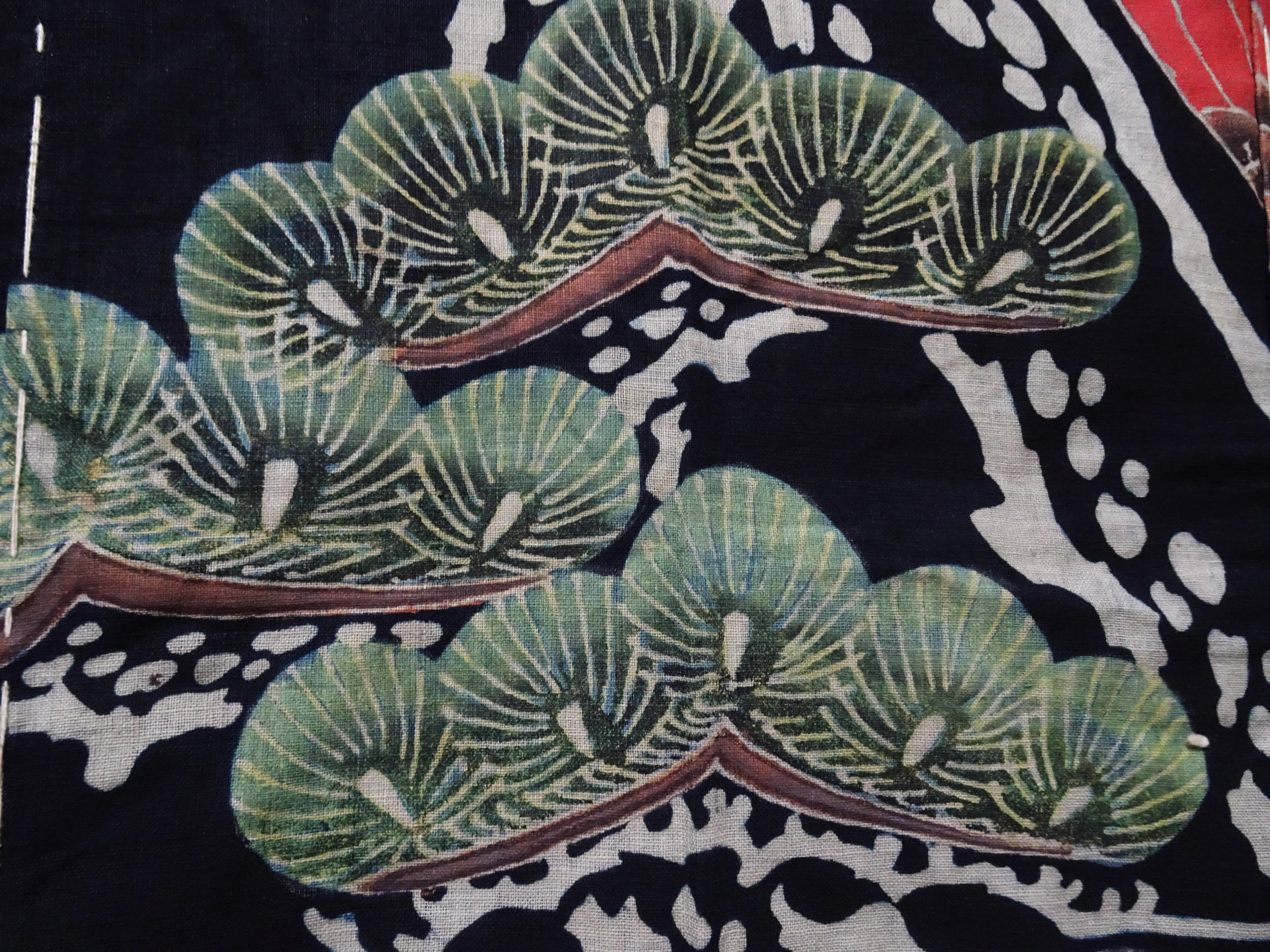 Japanese Antique Meiji Period Tsutsugaki Indigo Textile – Hawks & Pine, Rare Japanese Folk Art, Hand-Dyed Cotton, Wall Hanging 16490