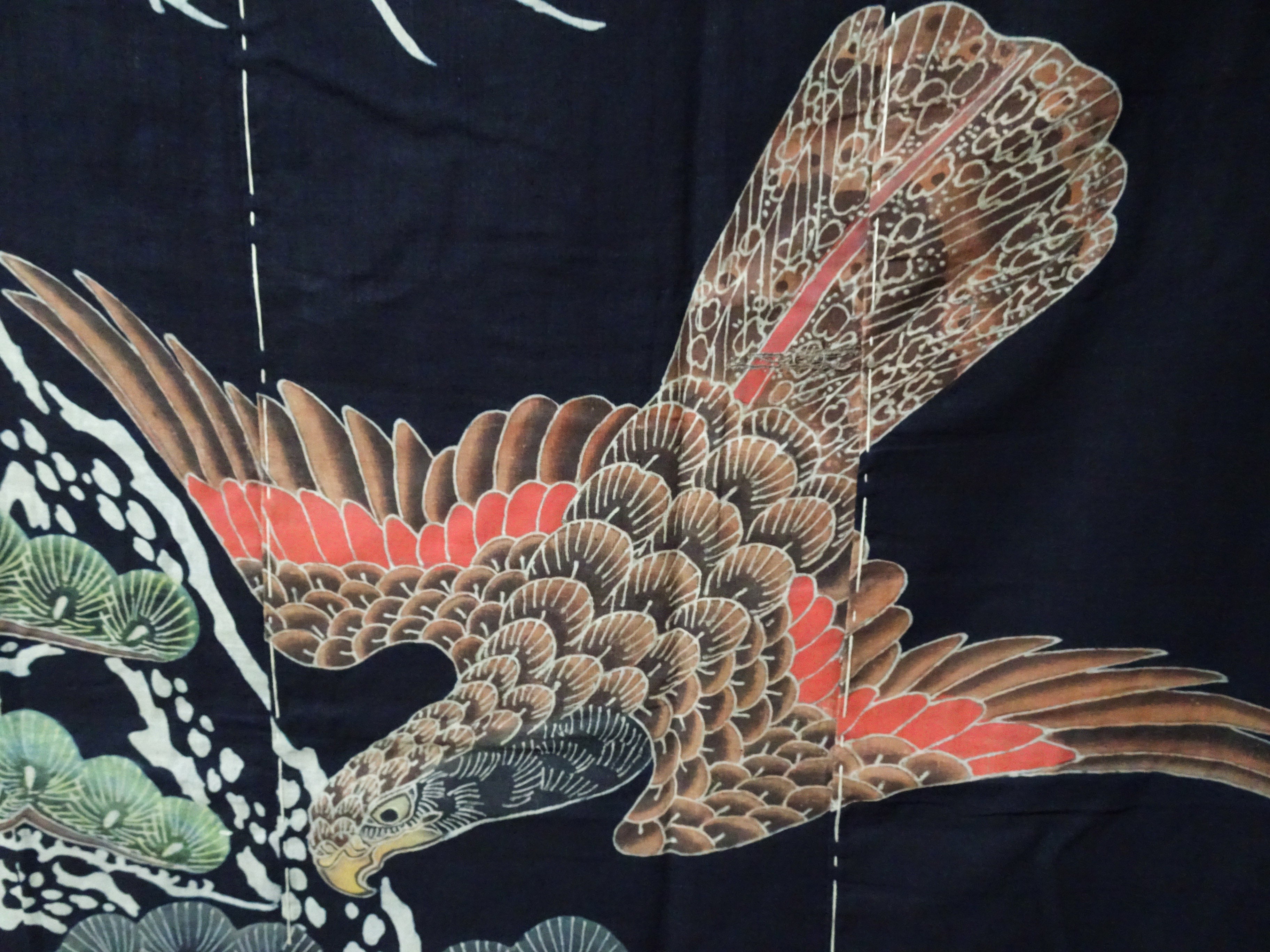 Japanese Antique Meiji Period Tsutsugaki Indigo Textile – Hawks & Pine, Rare Japanese Folk Art, Hand-Dyed Cotton, Wall Hanging 16490