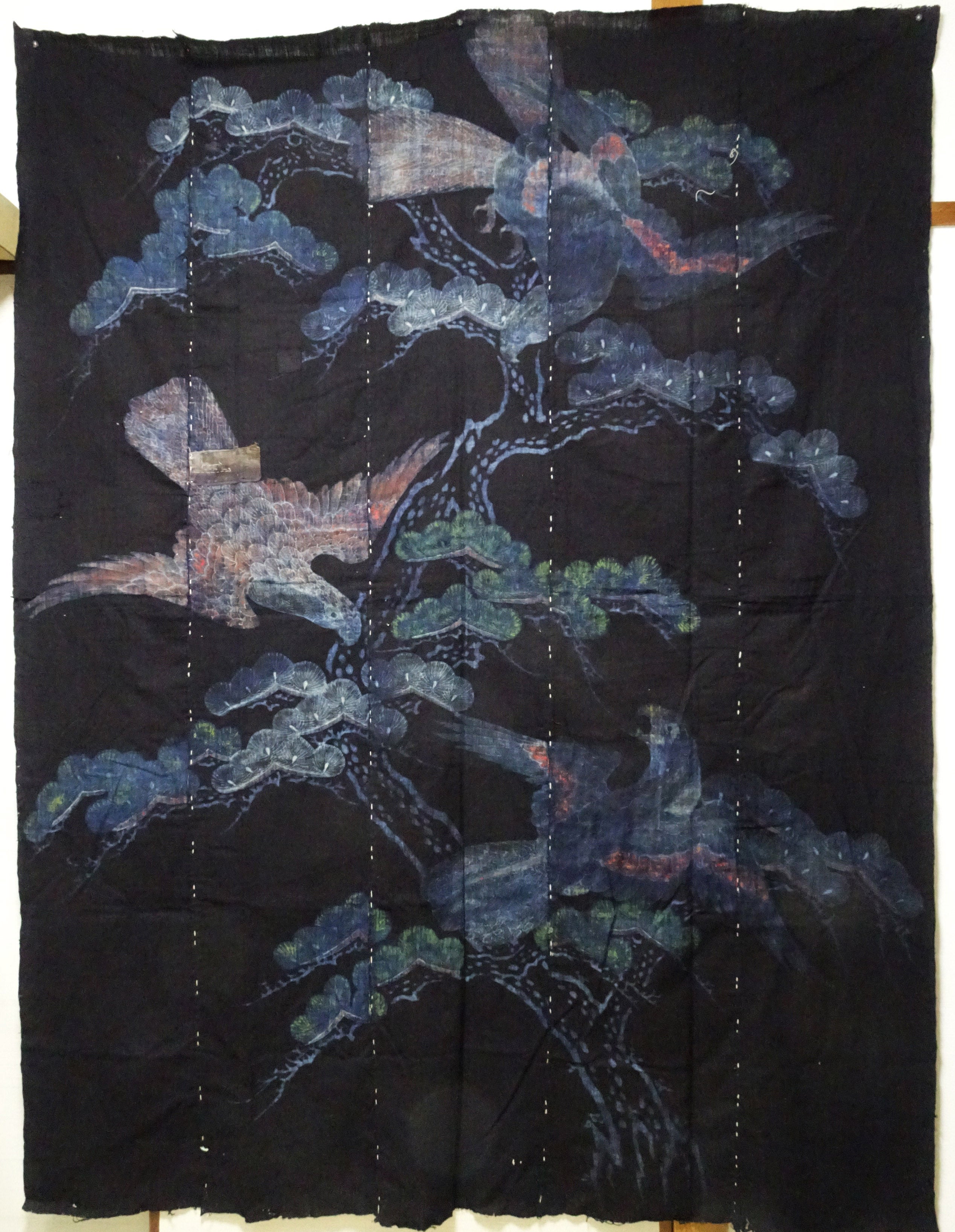 Japanese Antique Meiji Period Tsutsugaki Indigo Textile – Hawks & Pine, Rare Japanese Folk Art, Hand-Dyed Cotton, Wall Hanging 16490