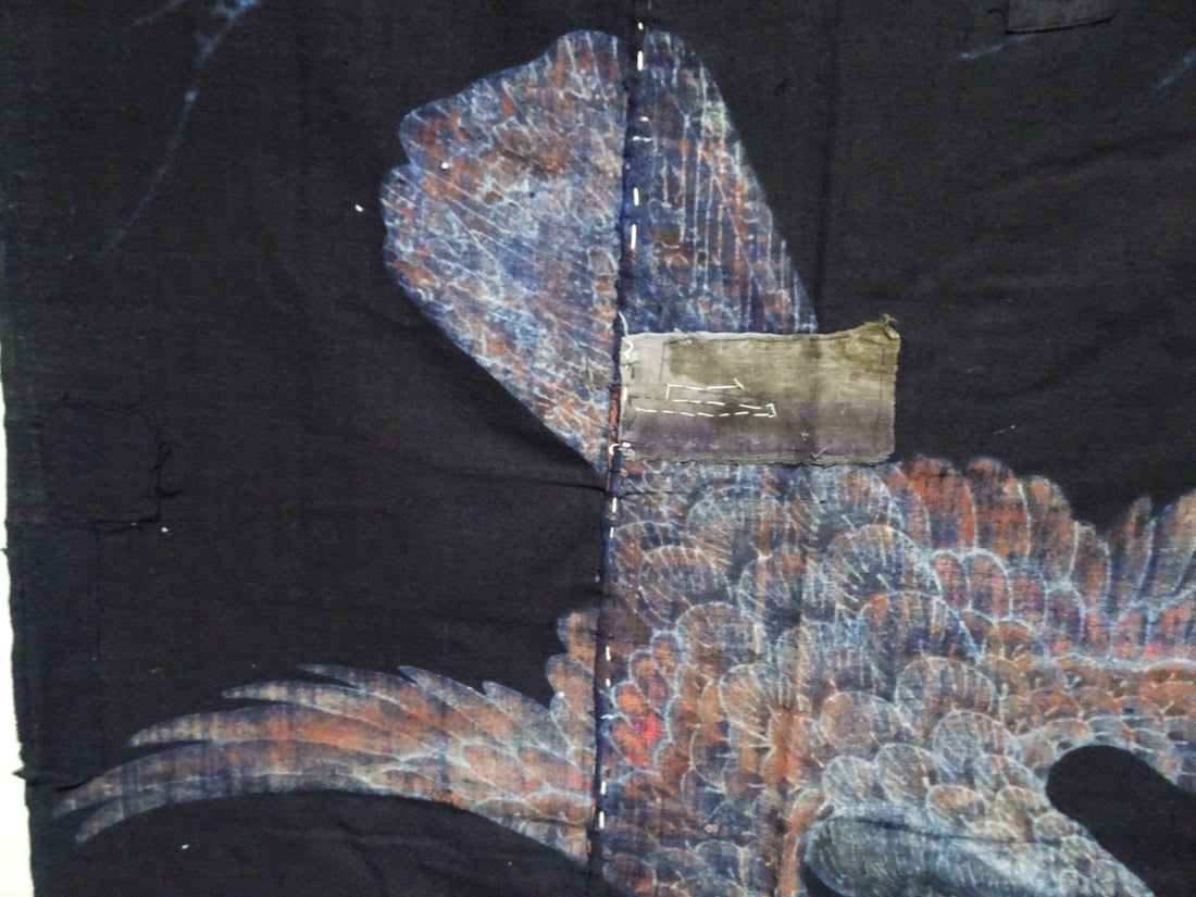 Japanese Antique Meiji Period Tsutsugaki Indigo Textile – Hawks & Pine, Rare Japanese Folk Art, Hand-Dyed Cotton, Wall Hanging 16490