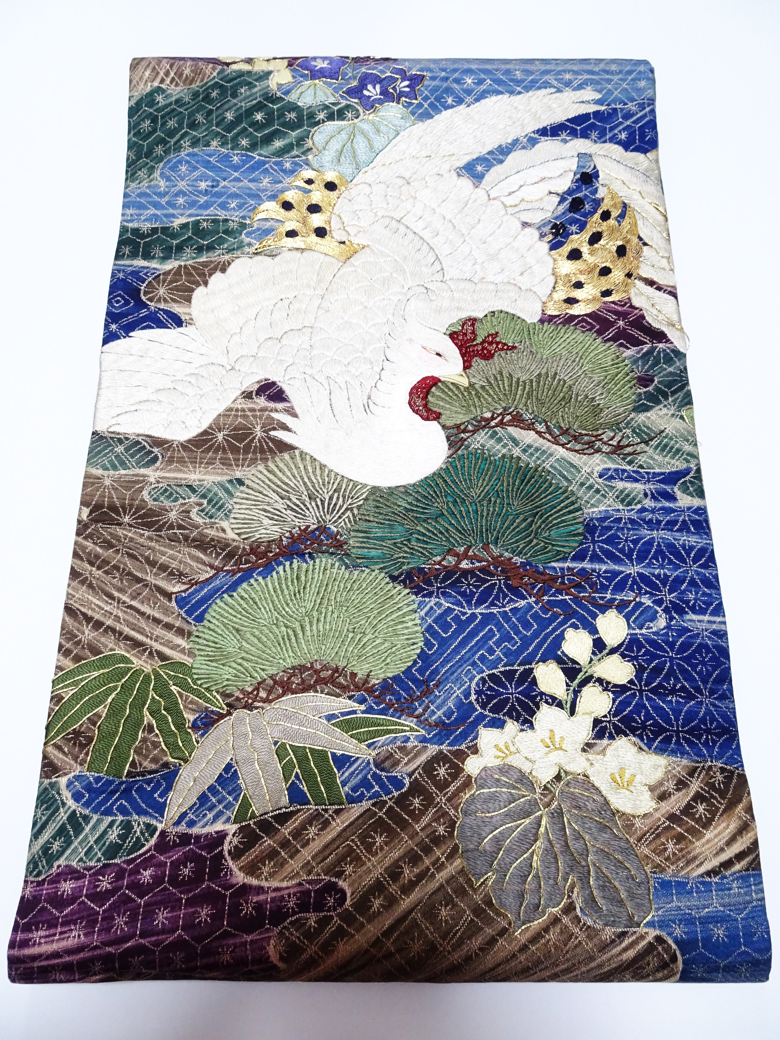 Japanese Kimono Silk Antique Maru Obi Double-Sided All-Over Design Exquisite Japanese hand embroidery 17720