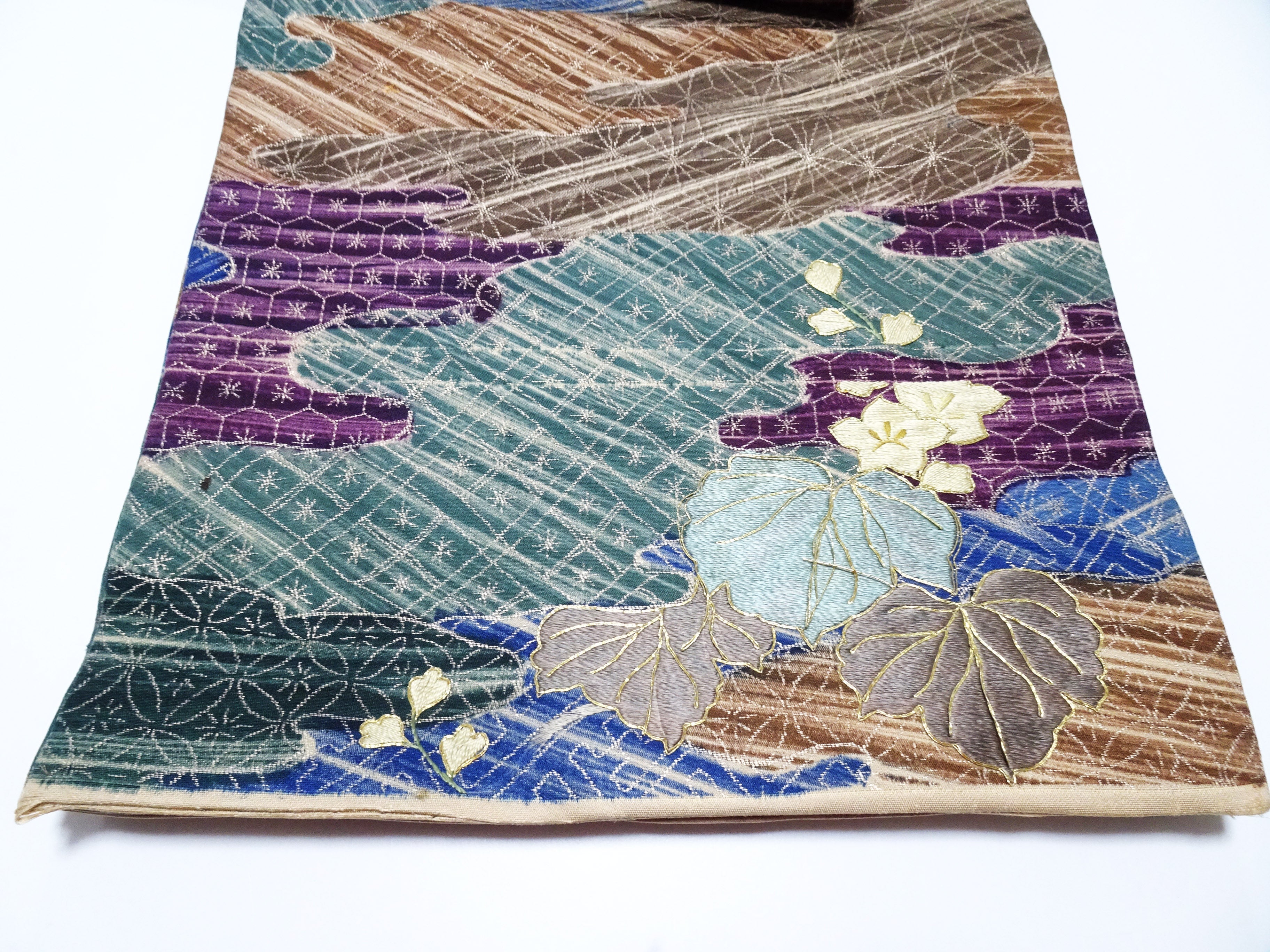 Japanese Kimono Silk Antique Maru Obi Double-Sided All-Over Design Exquisite Japanese hand embroidery 17720